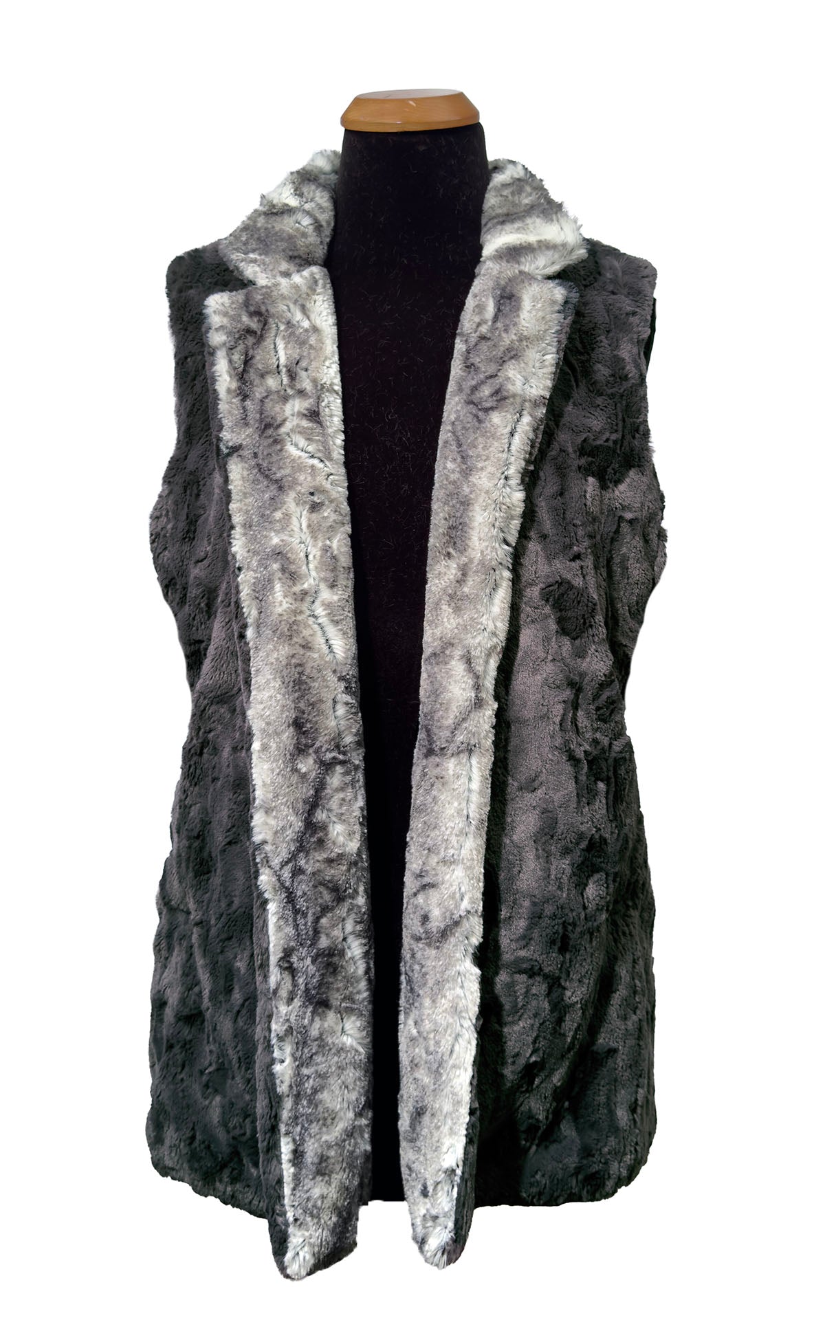 The Mandarin Vest Short in Classic Luxury  Smoke Show Faux Fur with Cuddly Smoky Faux Fur on the reverse side. Shown reversed to the Cuddly Smoky side with the collar and lapels turned back to display Smoke Show Faux Fur side. Made in Seattle, WA, USA by Pandemonium Seattle.