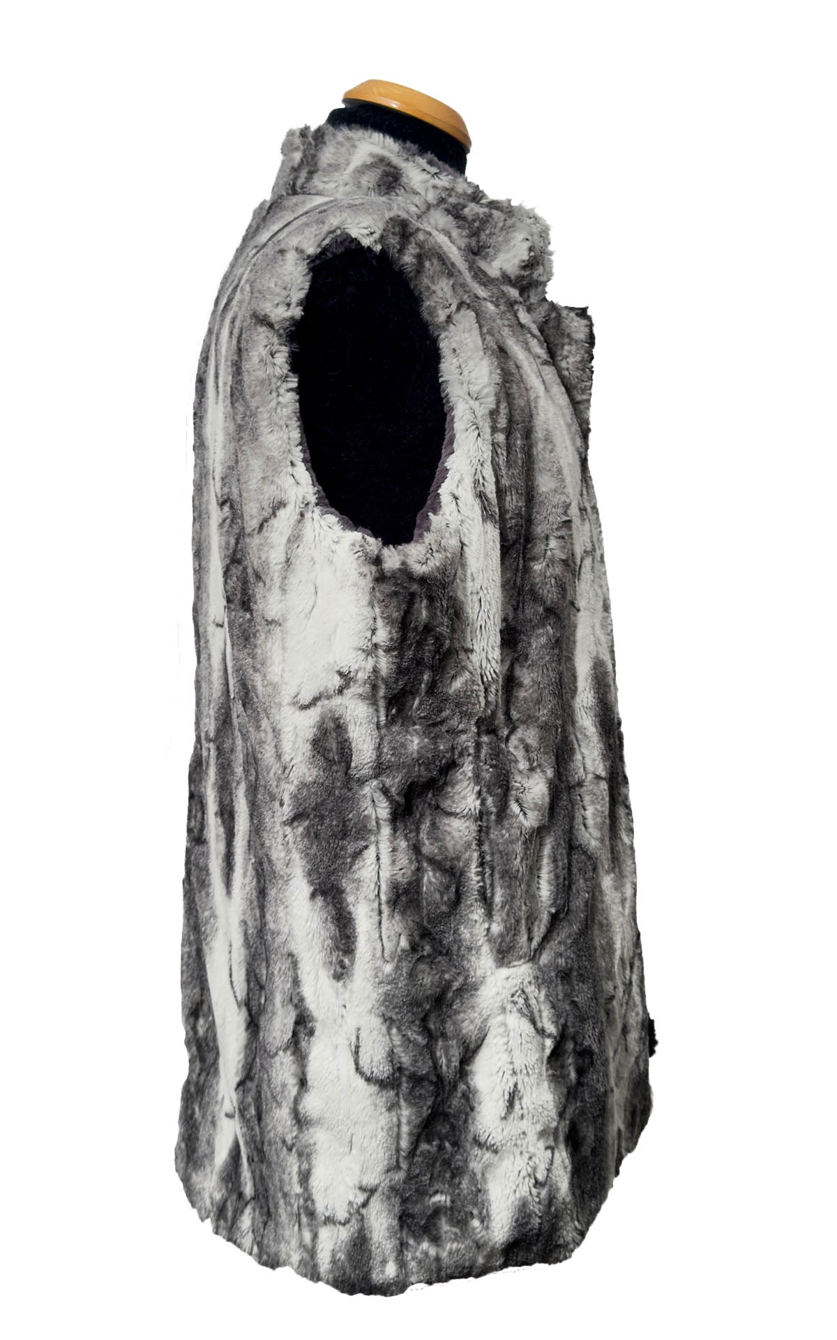 The Mandarin Vest Short in Classic Luxury  Smoke Show Faux Fur with Cuddly Smoky Faux Fur on the reverse side. Shown in side profile. Made in Seattle, WA, USA by Pandemonium Seattle.