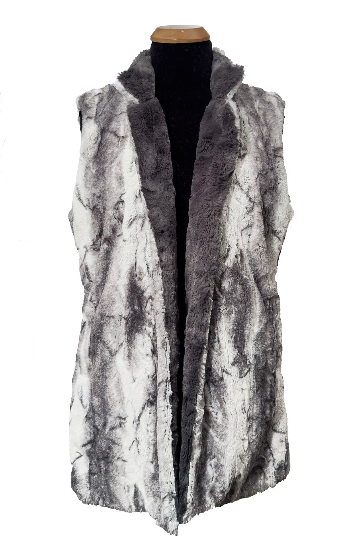 The Mandarin Vest Short in Classic Luxury  Smoke Show Faux Fur with Cuddly Smoky Faux Fur on the reverse side. Shown with the collar and lapels folded back to display the Cuddly Smoky fabric. Made in Seattle, WA, USA by Pandemonium Seattle.