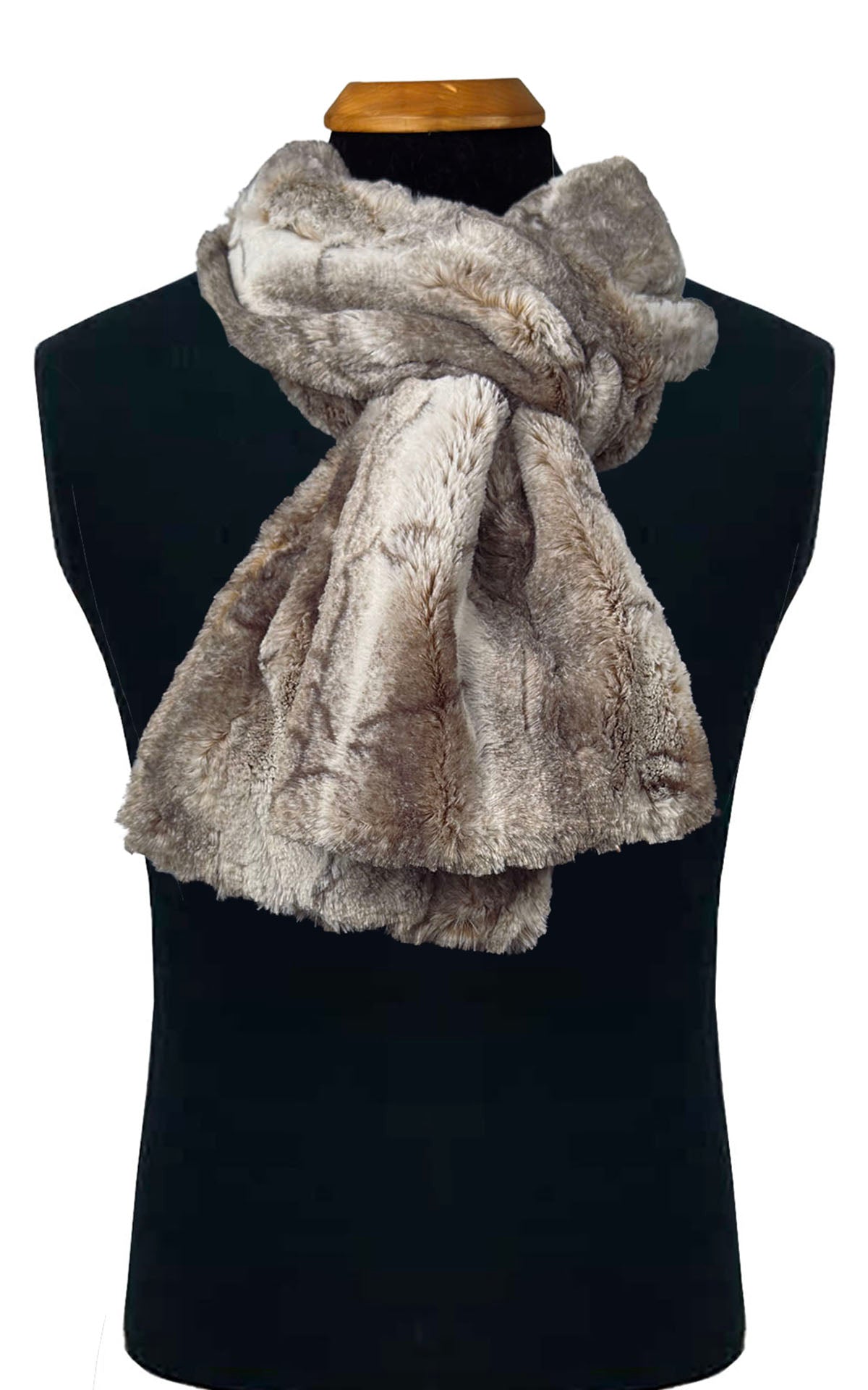 Men's  Scarf in Rusty Rock Faux Fur on a  mannequin against a white background. Styled in Parisian Knot. Handmade by Pandemonium Seattle. Seattle, WA, USA
