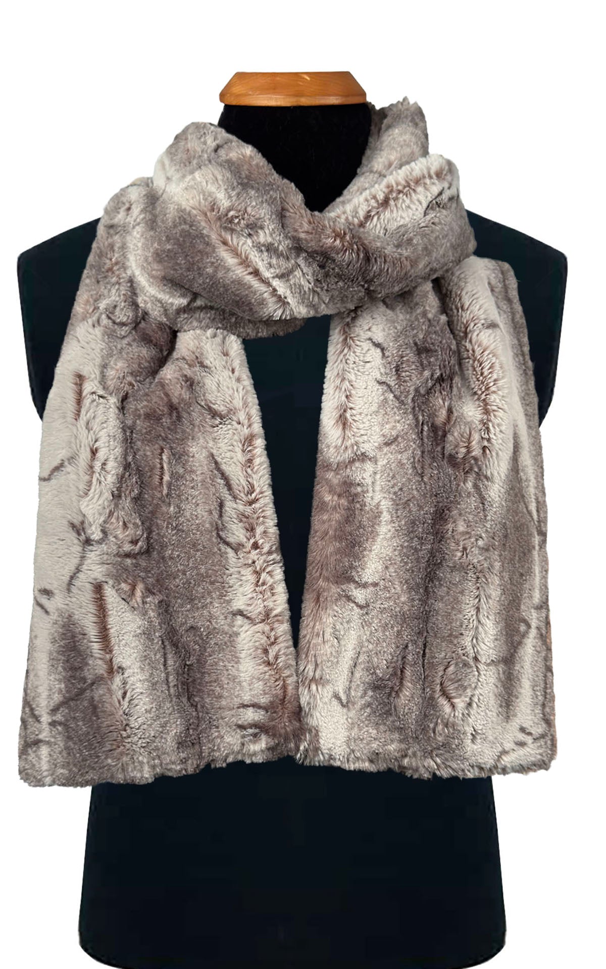 Men's Classic Scarf in Rusty Rock Faux Fur on a black mannequin against a white background. Handmade by Pandemonium Seattle. Seattle, WA, USA