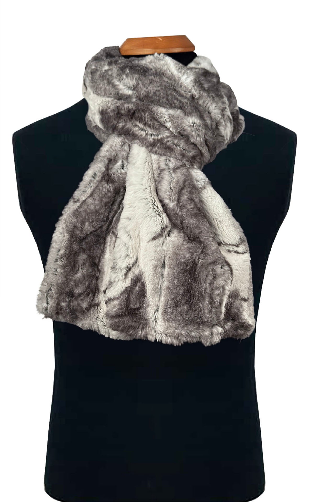 Classic Scarf for Men in Luxury Faux Fur in Smoke Show. Styled closely on the neck by pulling the tails through a loop. Handmade by Pandemonium Seattle. Seattle, WA, USA