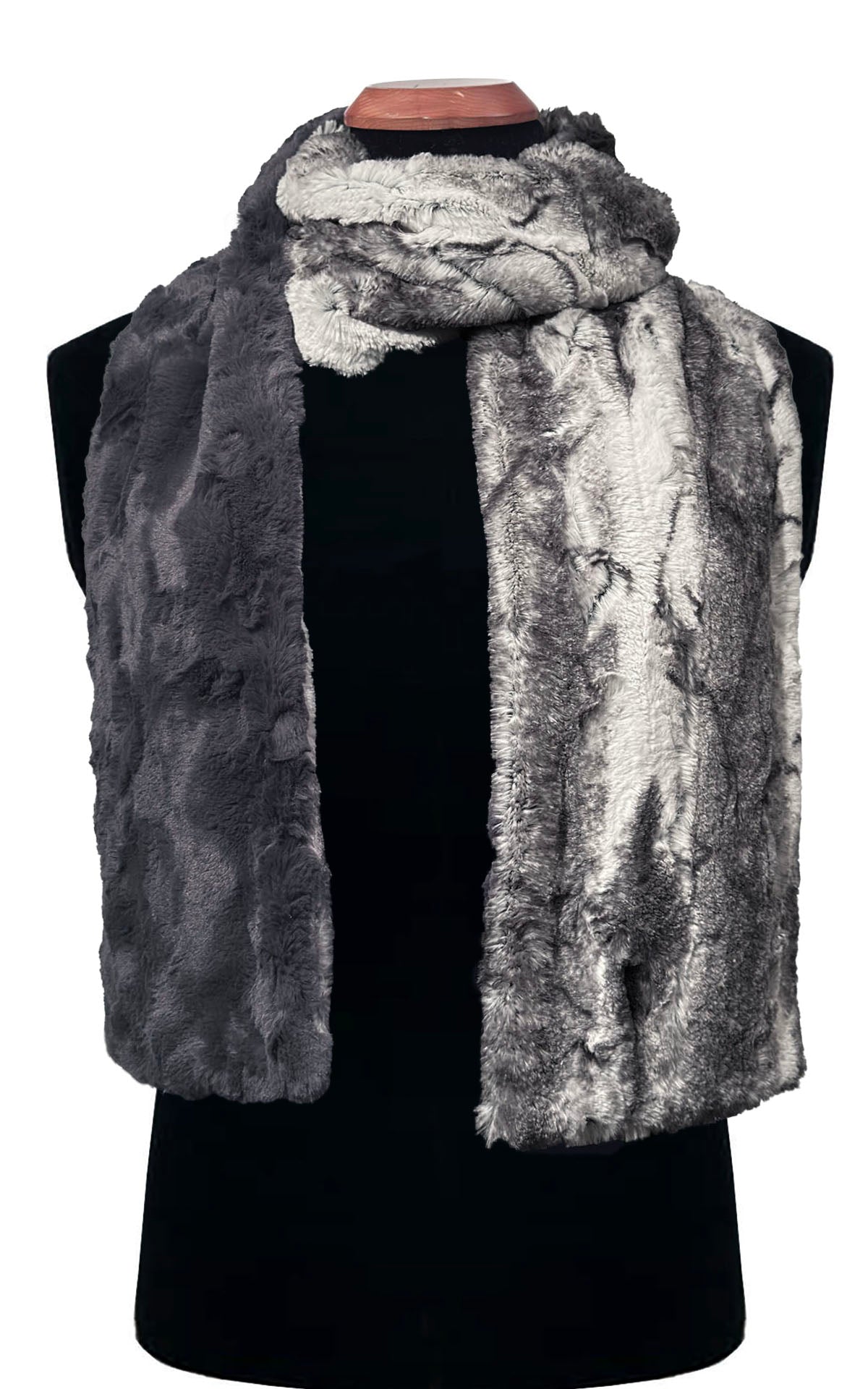 Men's Scarf in Luxury Faux Fur Smoke Show and Cuddly Faux Fur Smoky. Styled in a classic loop on Black Mannequin by Pandemonium Millinery. Handmade in Seattle Wa USA