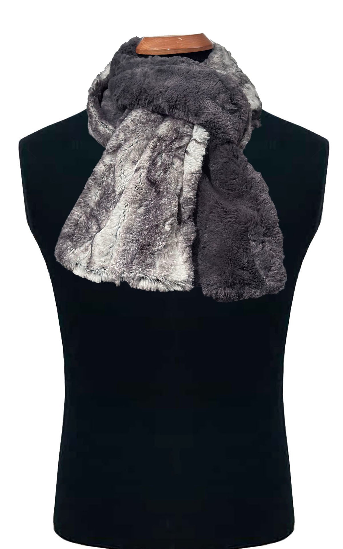 Men's Scarf in Luxury Faux Fur Smoke Show and Cuddly Faux Fur Smoky. Styled in a classic loop on Black Mannequin by Pandemonium Millinery. Handmade in Seattle Wa USA