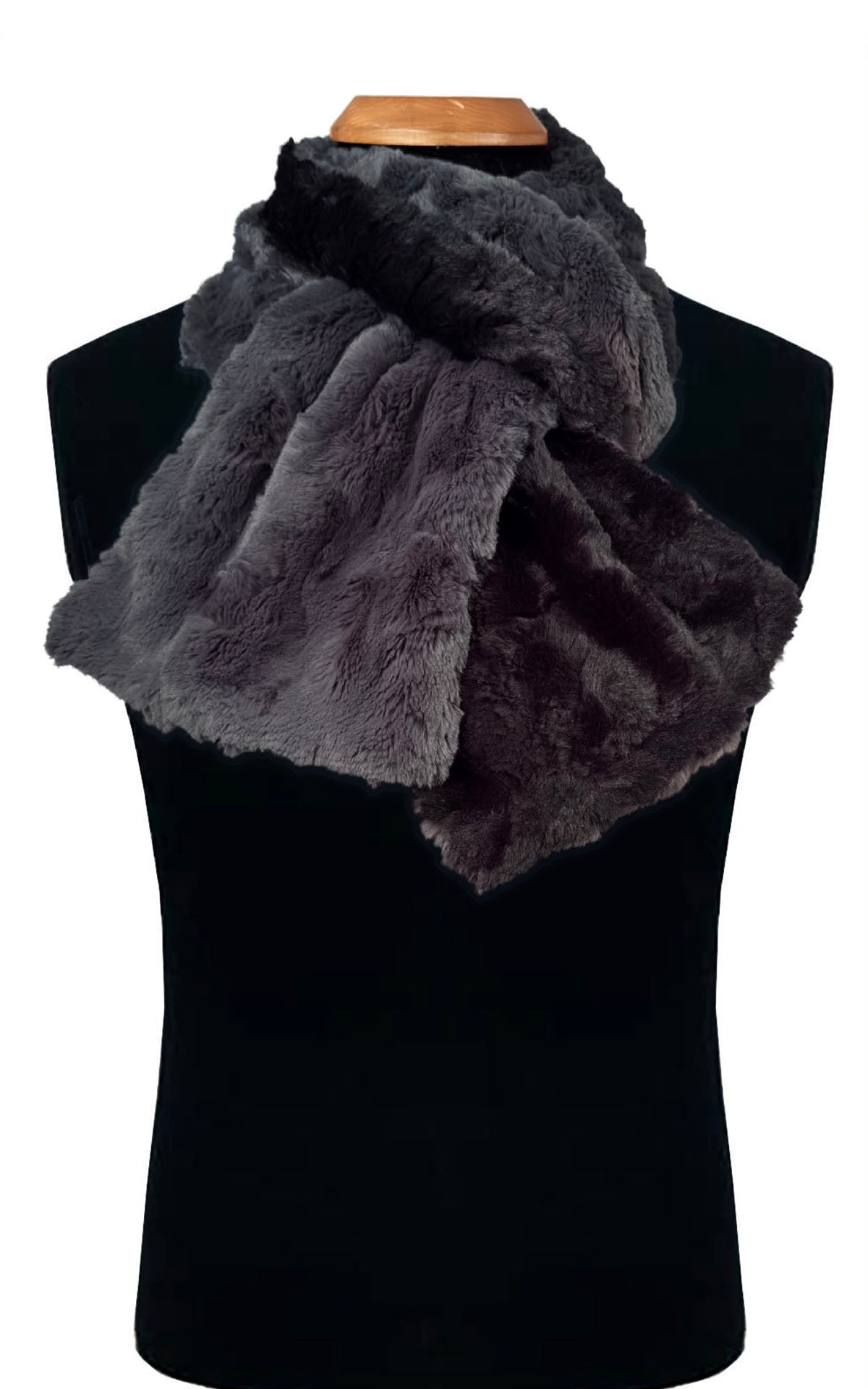 Men's Two-Tone Scarf in  Cuddly Faux Fur in Smoky with  Cuddly Black on a black mannequin. Handmade by Pandemonium Seattle.  Seattle, WA USA