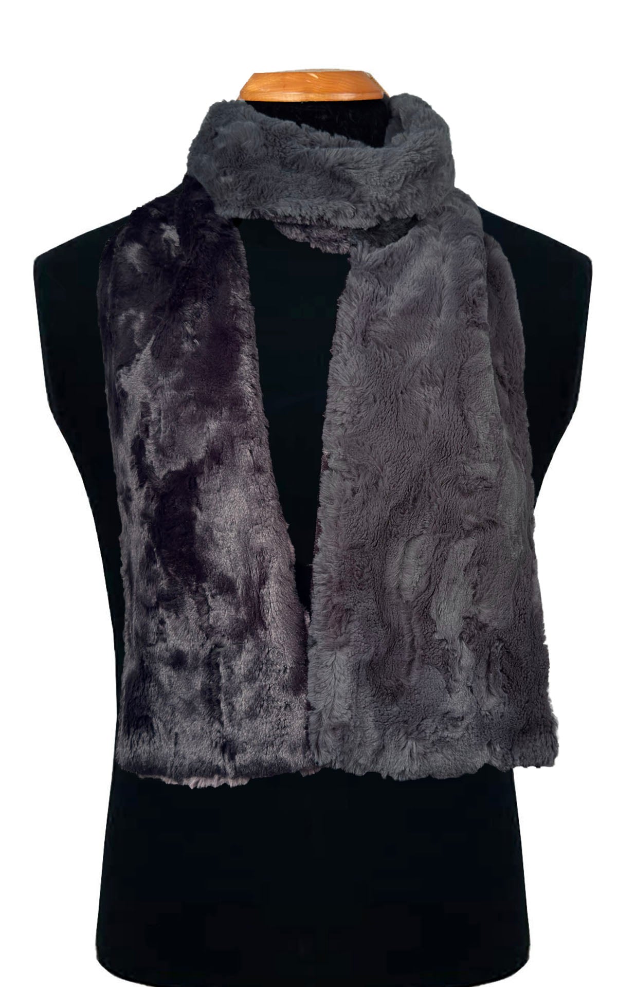 Men's Two-Tone Scarf in  Cuddly Faux Fur in Smoky with  Cuddly Black on a black mannequin. Handmade by Pandemonium Seattle.  Seattle, WA USA