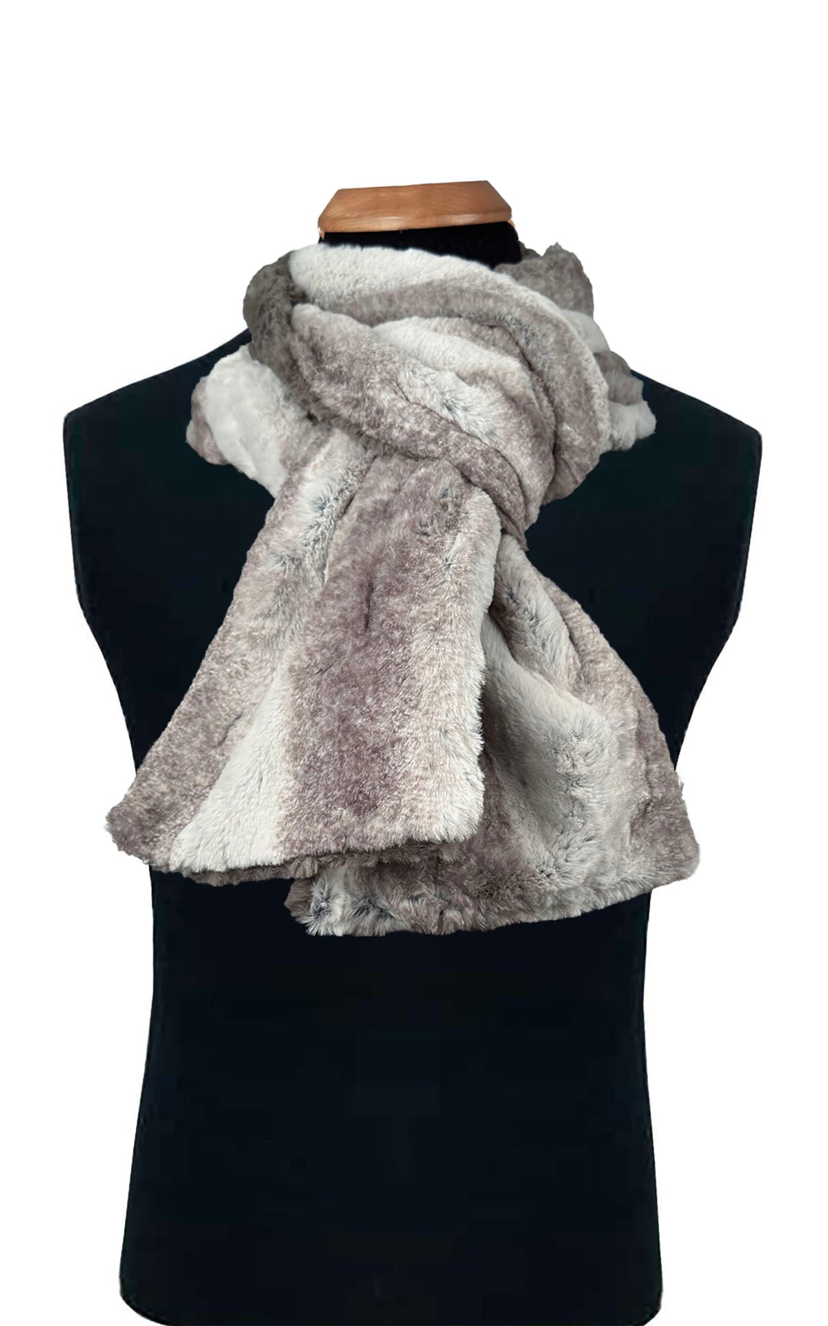 Men's Two-Tone Scarf shown in Driftwood  Faux Fur with Cuddly Taupey. Styled in a loop on a Mannequin . Handmade in Seattle WA, USA by Pandemonium Seattle.