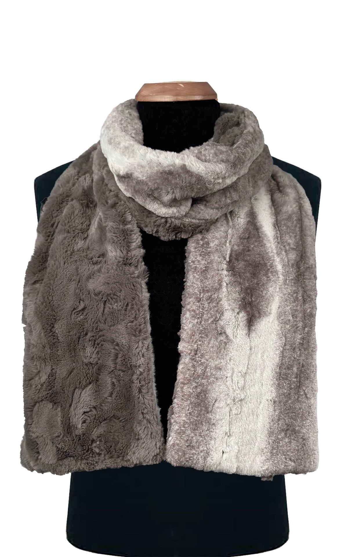 Men's Two-Tone Scarf shown in Driftwood  Faux Fur with Cuddly Taupey. Styled in a loop on a Mannequin . Handmade in Seattle WA, USA by Pandemonium Seattle.