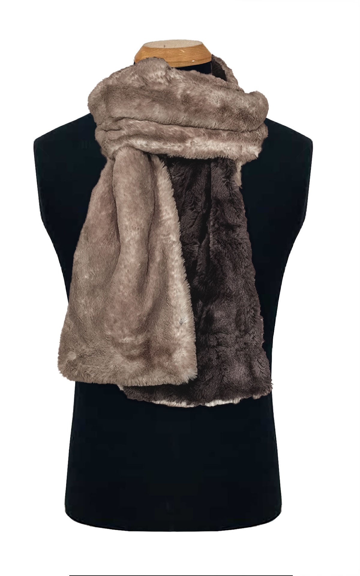Golden Bluff Faux Fur Scarf draped over a black mannequin. Styled in one loop in front.   Handsewn By Pandemonium Seattle,