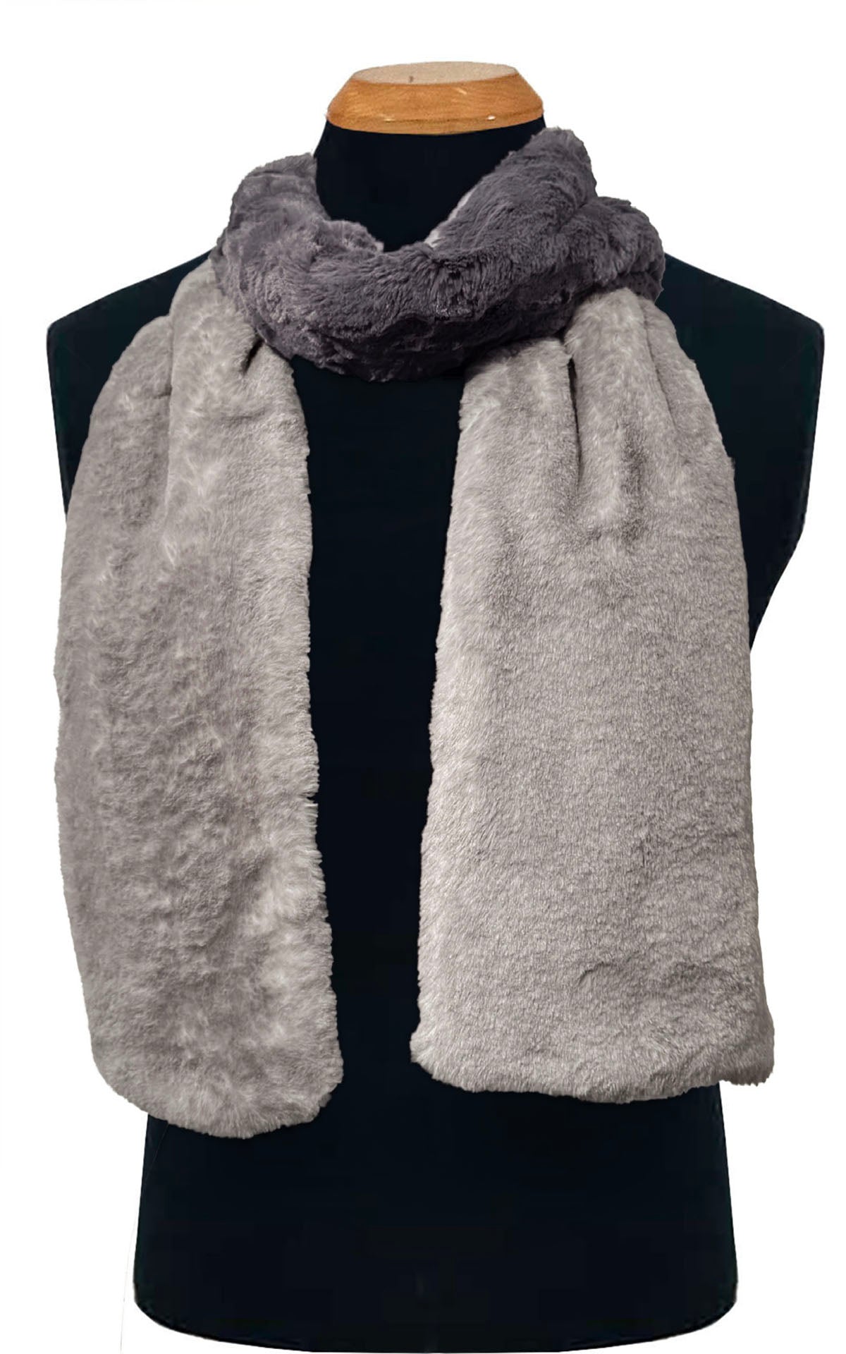 Golden Bluff Faux Fur Scarf draped over a black mannequin. Styled in one loop in front.   Handsewn By Pandemonium Seattle,