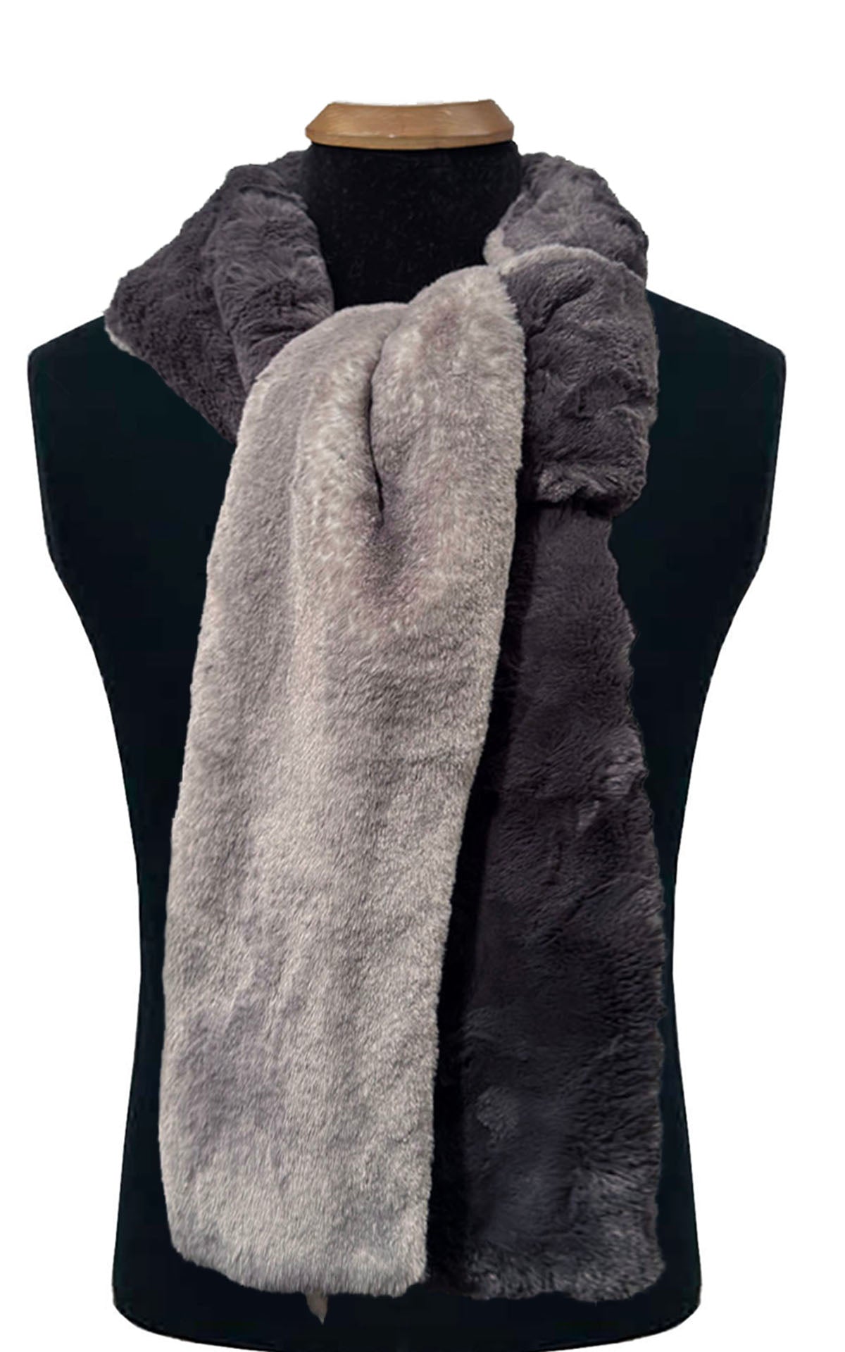 Men's Olympic Fog Faux Fur with Cuddly Faux fur in Smoky. Styled with ends  in front of black mannequin with a white background. Handmade in Seattle Wa USA