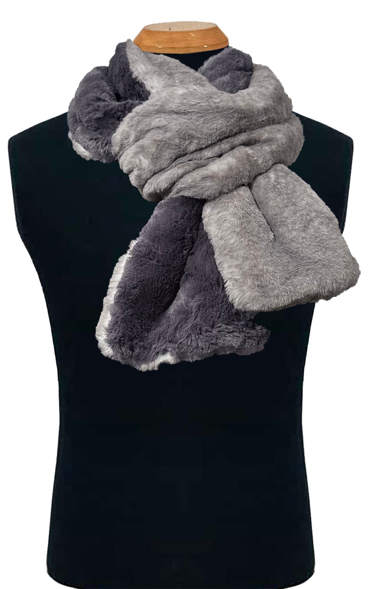 Men's Scarf in Olympic  Fog Faux Fur with Cuddly Smoky. Shown Looped on a Black Mannequin. Handsewn by Pandemonium Seattle, WA USA