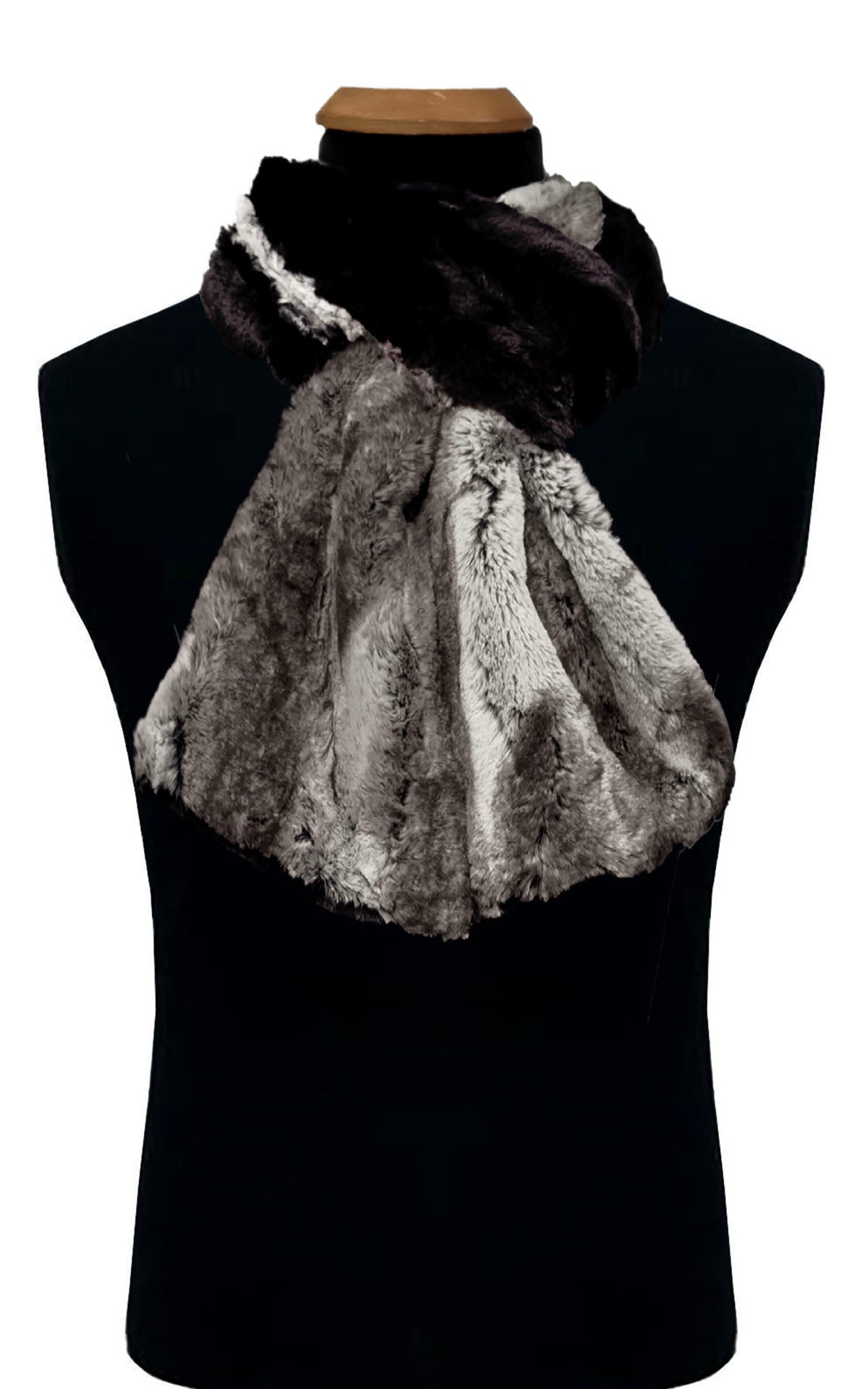 Men's Scarf in Luxury Faux Fur Rock Steady with Cuddly Faux Fur Black. Styled in a classic loop in Front on Black  Handmade in Seattle WA USA. Mannequin by Pandemonium Millinery. 