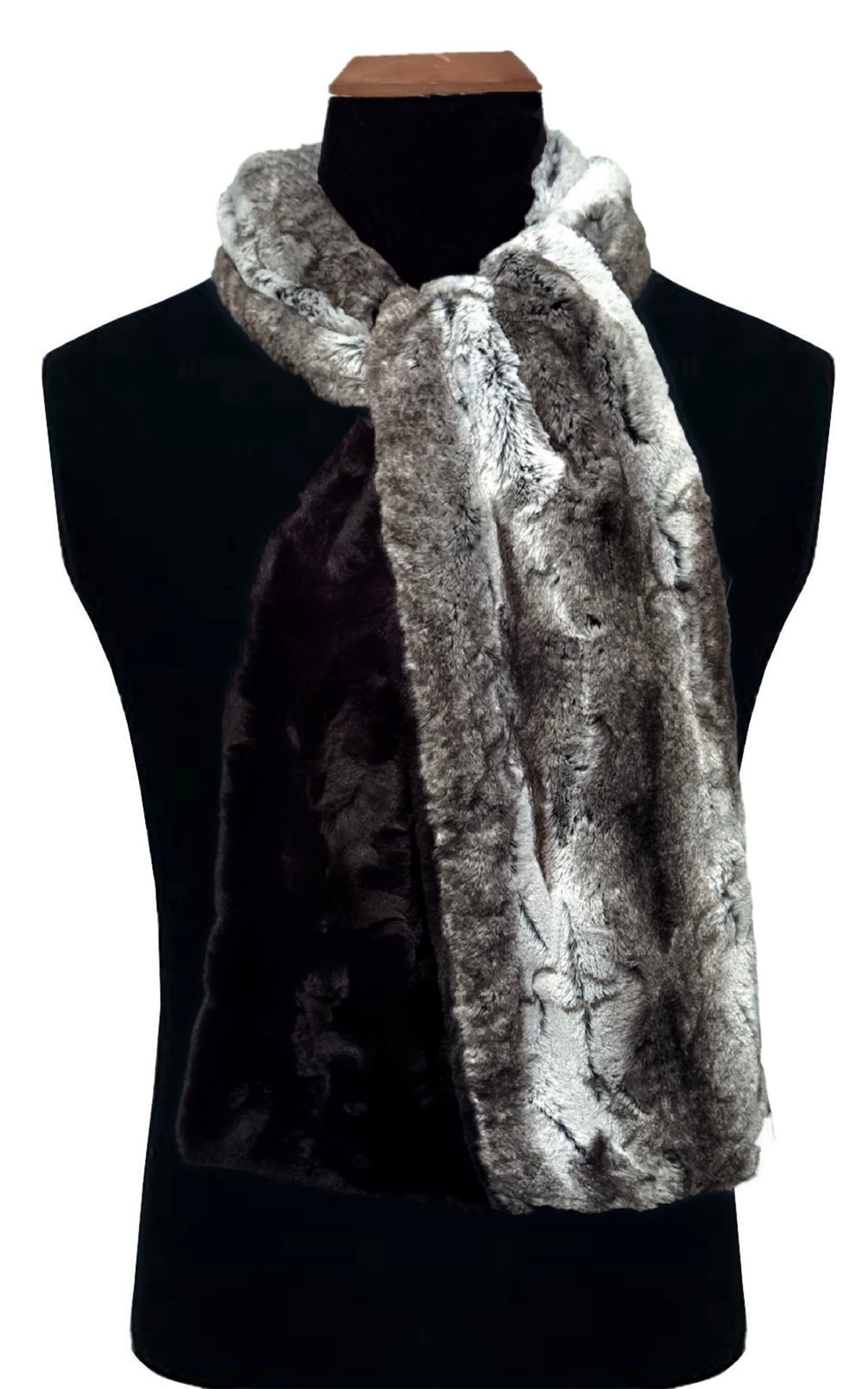 Men's Scarf in Luxury Faux Fur Rock Steady with Cuddly Faux Fur Black. Styled in a classic loop in Front on Black  Handmade in Seattle WA USA. Mannequin by Pandemonium Millinery. 