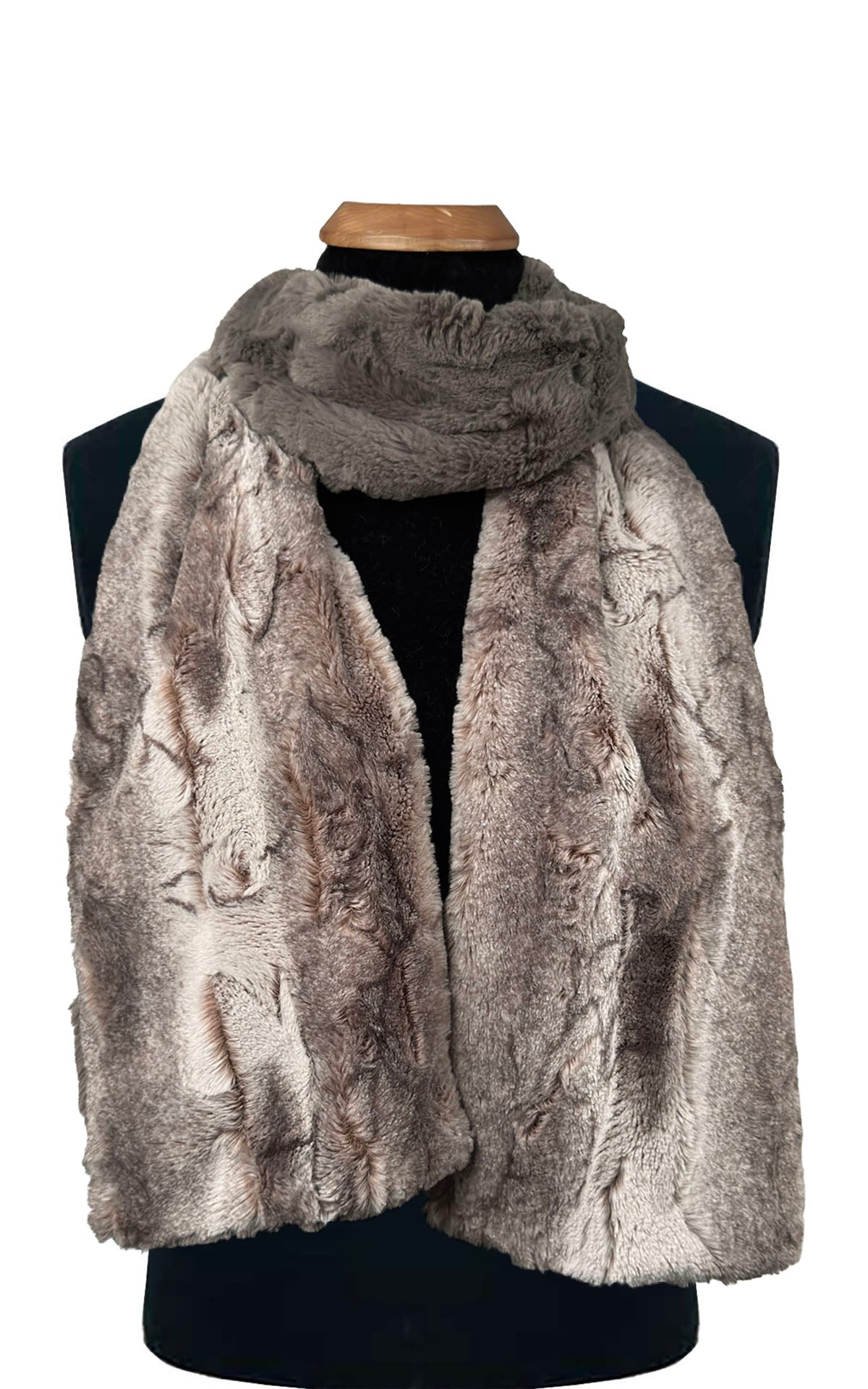 Men's Two -Scarf shown in Rusty Rock Faux Fur with Cuddly Taupey looped around the neck of the mannequin. Handmade in Seattle WA USA . By Pandemonium Seattle