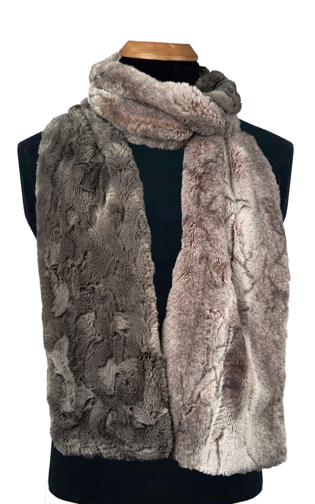 Men's Two -Scarf shown in Rusty Rock Faux Fur with Cuddly Taupey looped around the neck of the mannequin. Handmade in Seattle WA USA . By Pandemonium Seattle