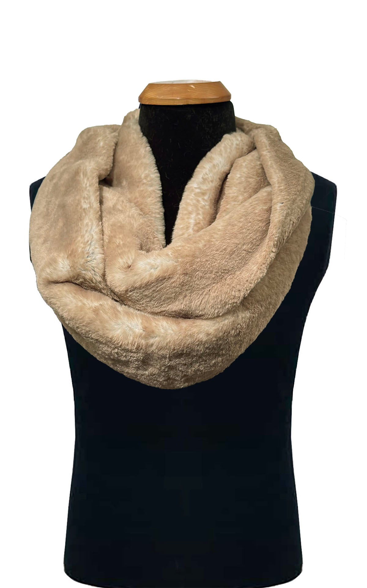 Men's Infinity Scarf in Golden Bluff Faux Fur, styled with a double  loop around the neck  of the mannequin. Handmade in Seattle, WA, USA by Pandemonium Seattle.