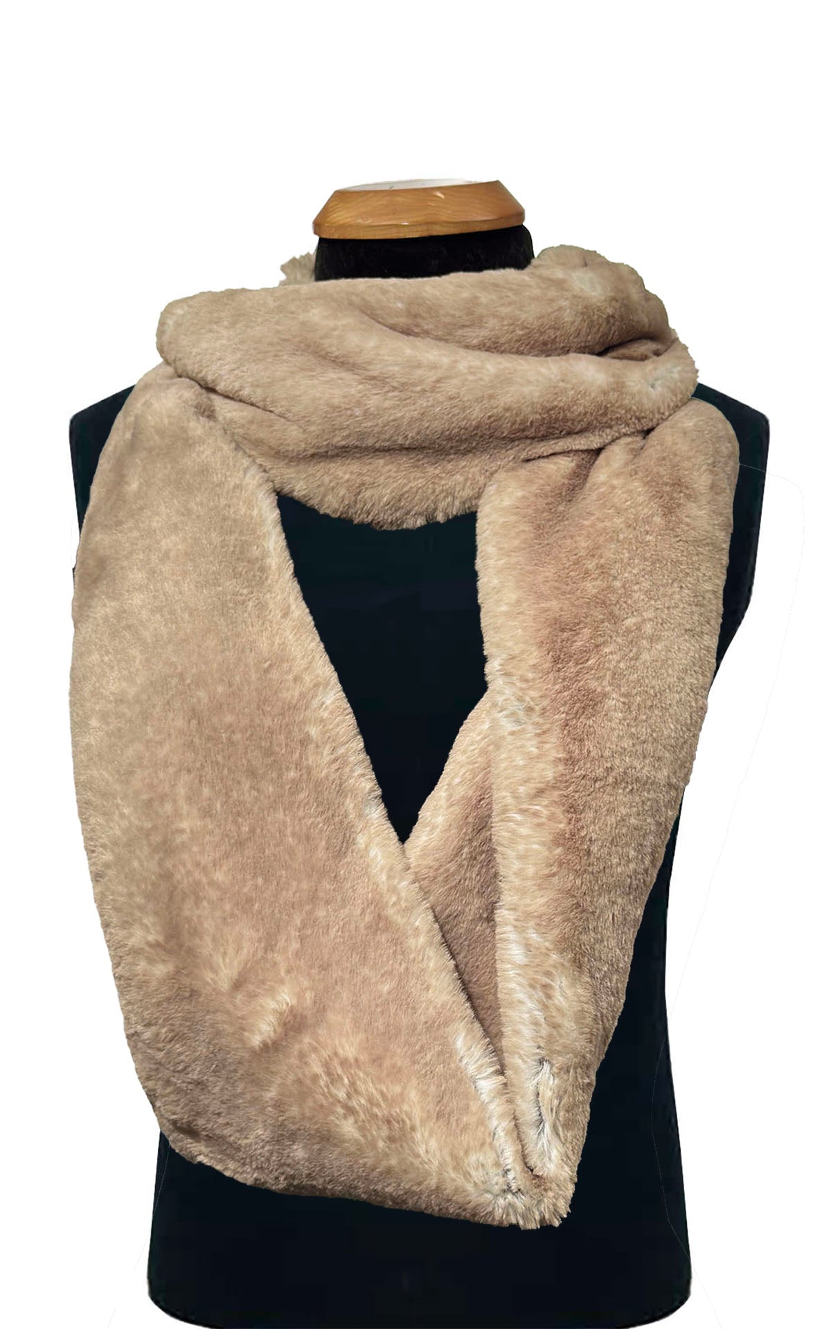 Infinity Scarf in Golden Bluff Faux Fur, shown with one loop closer to the neck and remaining loop draped loosely across body of mannequin. Handsewn in Seattle, WA, USA by Pandemonium Seattle.