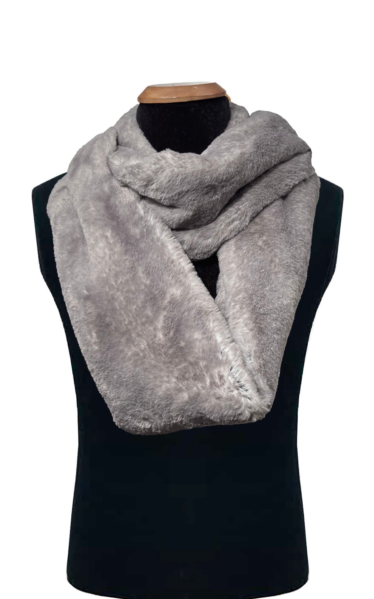 Men's Infinity Scarf in Olympic Fog Faux Fur, styled with a single loop around the neck of the mannequin and a second loop draped loosely on its body. Handsewn in Seattle, WA, USA by Pandemonium Seattle.