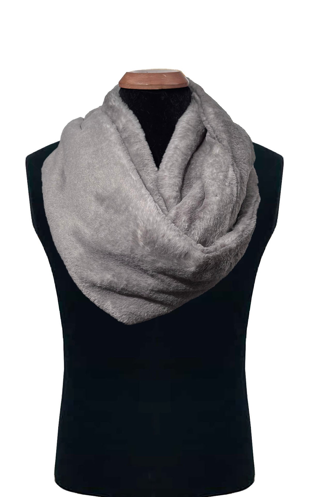 Men's Infinity Scarf in Olympic Fog Faux Fur, shown with a double loop around the neck of the mannequin  Handmade in Seattle, WA, USA by Pandemonium  