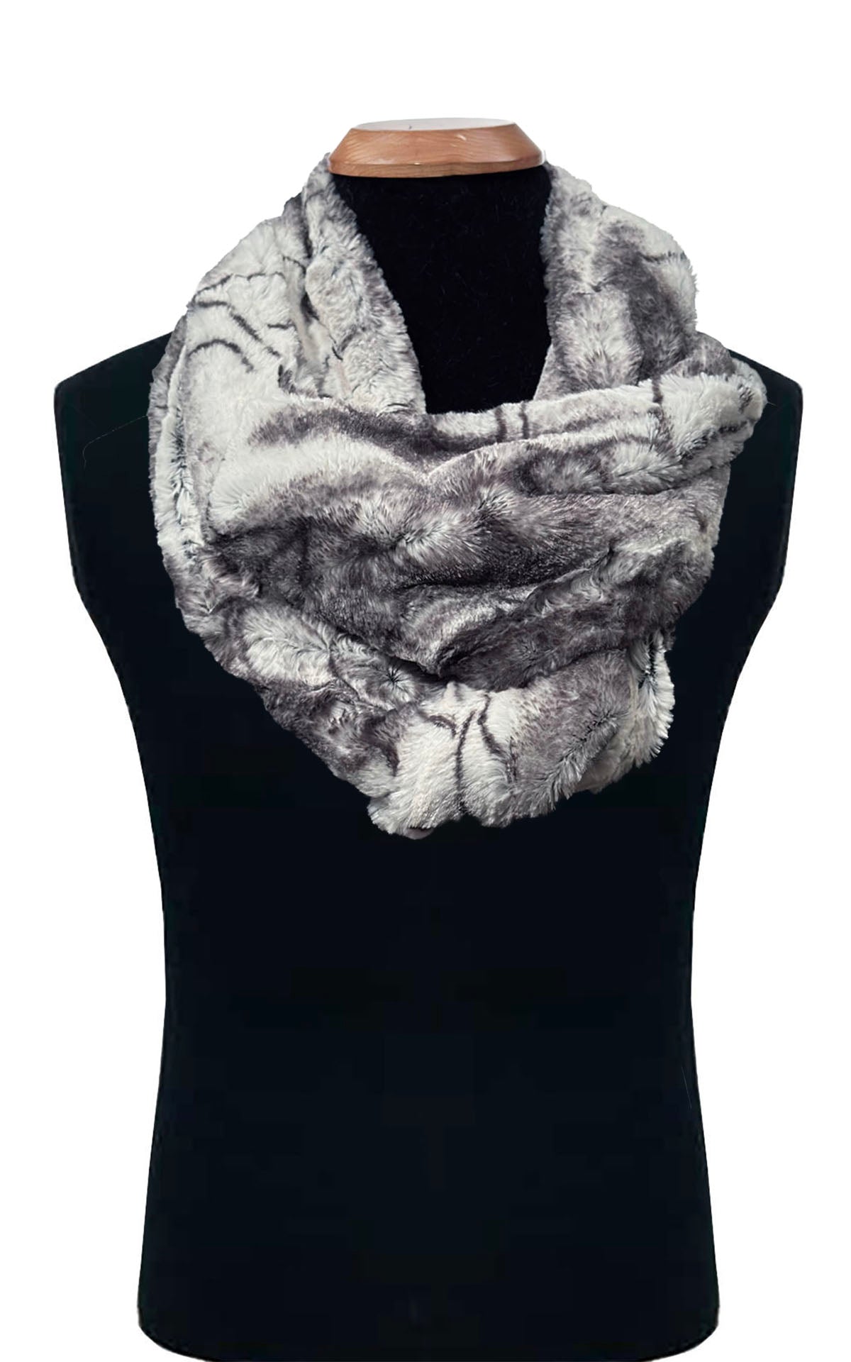 Infinity Scarf in Olympic Fog Faux Fur, styled with a single loop around the neck of the mannequin and another loop hangs loosely on its body. Made in Seattle, WA, USA by Pandemonium Seattle