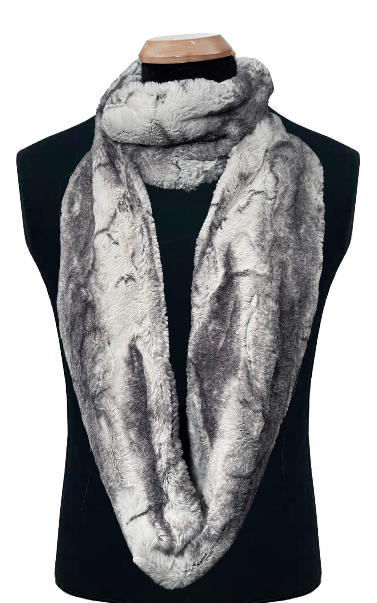 Infinity Scarf in Olympic Fog Faux Fur, styled with a single loop around the neck of the mannequin and another loop hangs loosely on its body. Made in Seattle, WA, USA by Pandemonium Seattle