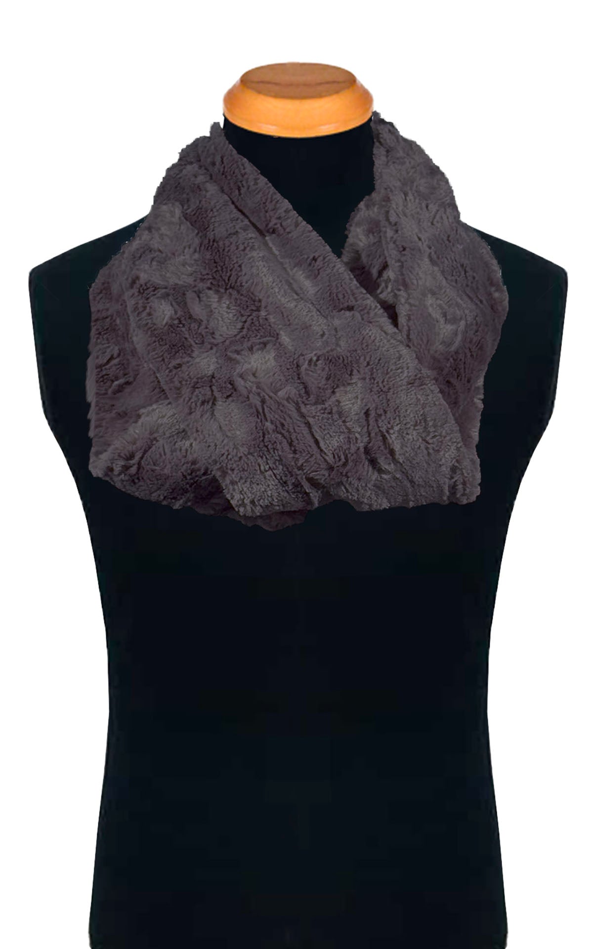 Men's Infinity Scarf in Cuddly Faux Fur in Smoky featured on a black mannequin. By Pandemonium Seattle. Handmade in Seattle , WA, USA.  