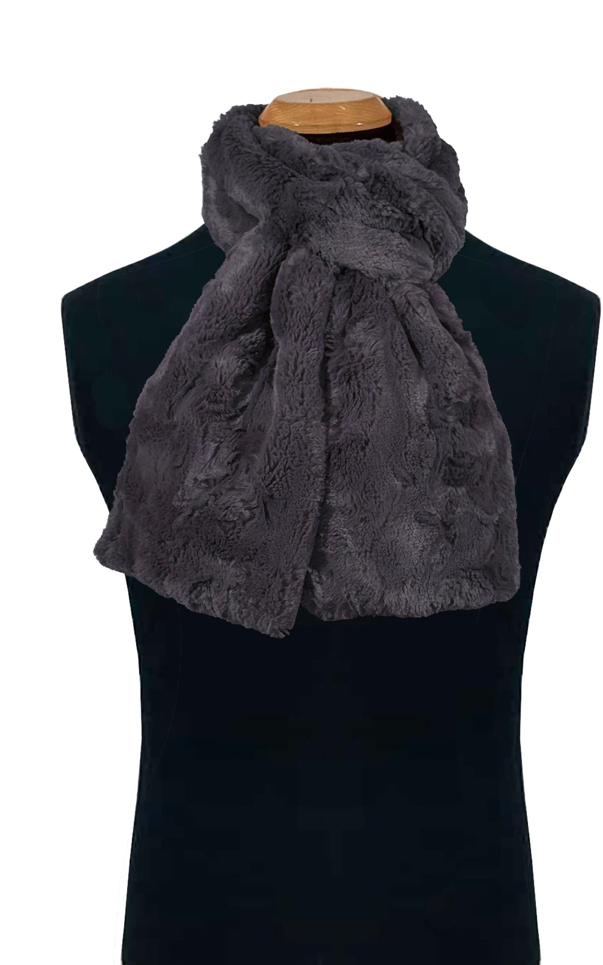 Men's Classic Scarf in Cuddly Faux Fur in Smoky. Styled closely to the neckline by tail ends pulled through a loop.   Handmade by Pandemonium Millinery. Seattle, WA, USA