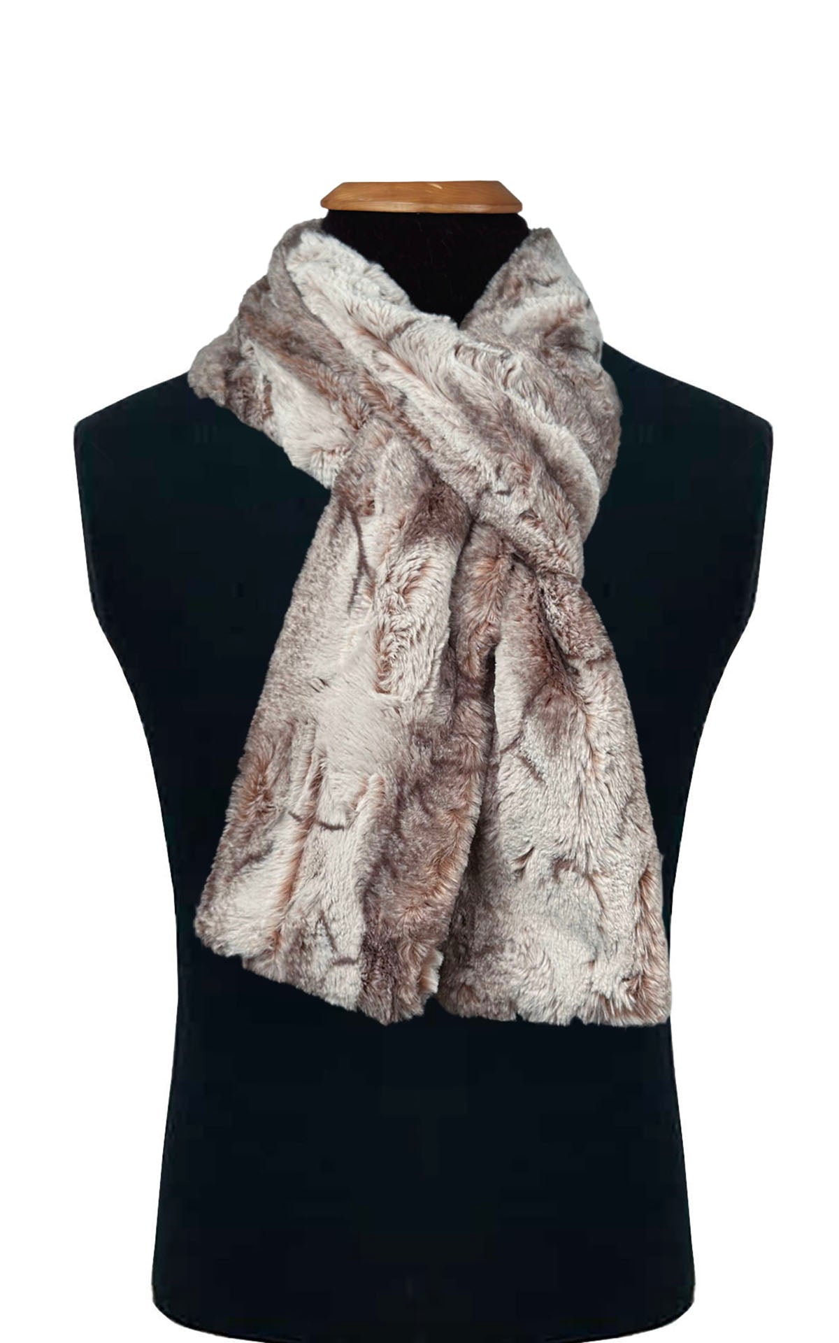 Men's Skinny Scarf in Rusty Rock Faux Fur. Shown with one loop loosely around the neck.  Handmade by Pandemonium in Seattle, WA USA