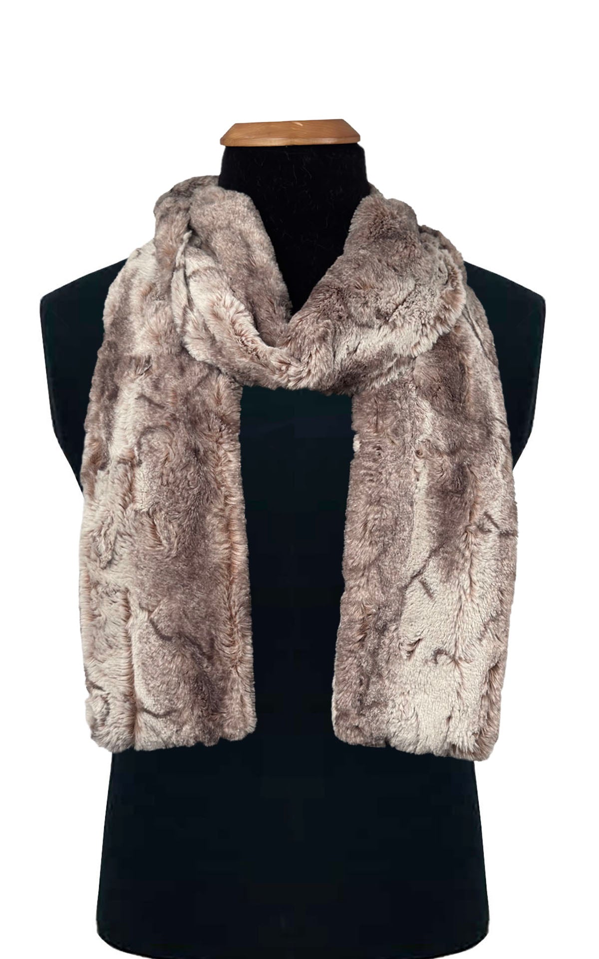 Men's Skinny Scarf in Rusty Rock Faux Fur. Shown with one loop loosely around the neck.  Handmade by Pandemonium in Seattle, WA USA