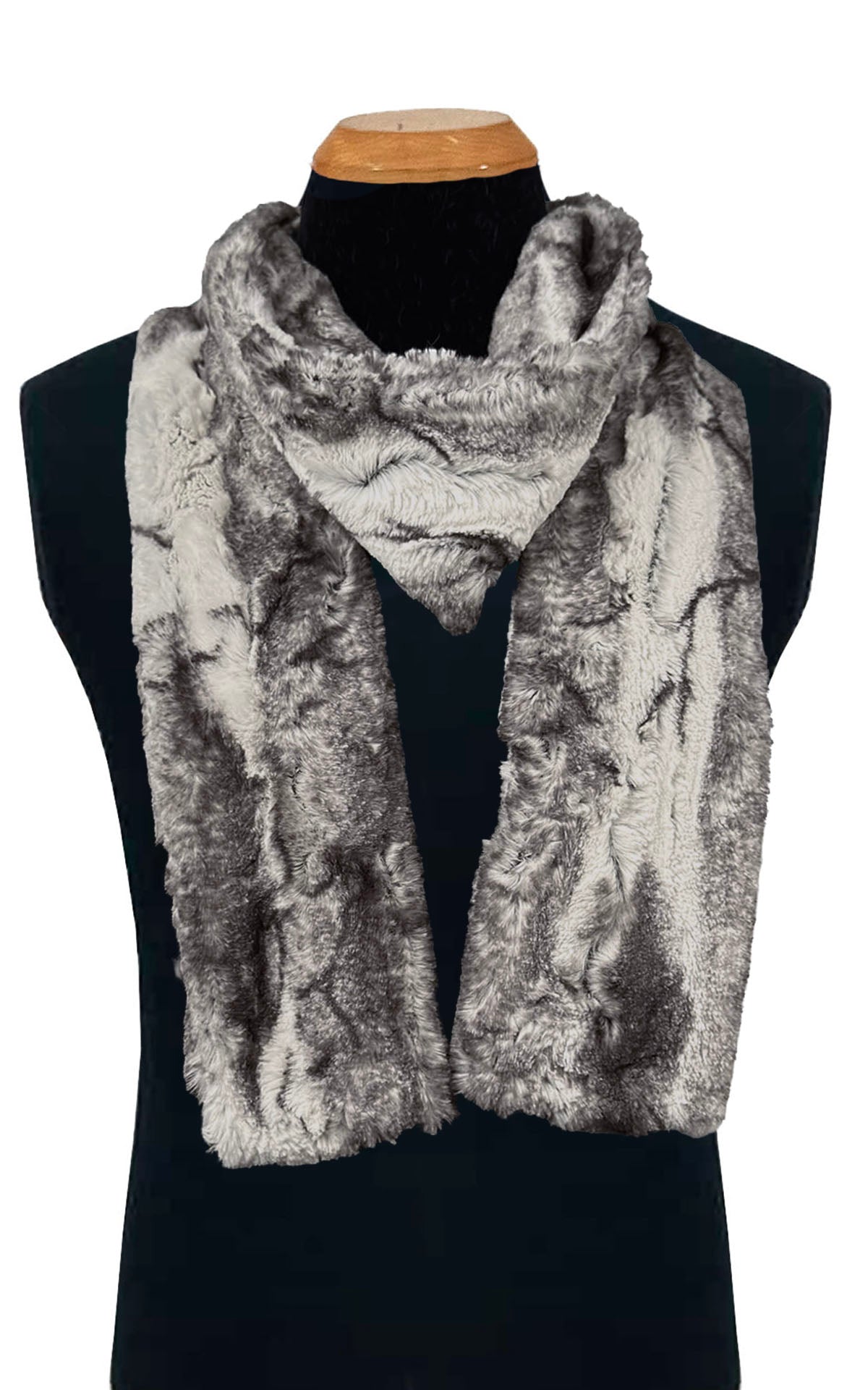 Men's  Scarf in Smoke Show Faux Fur scarf on a black mannequin against a white background. Handmade by Pandemonium Seattle. Seattle, WA, USA