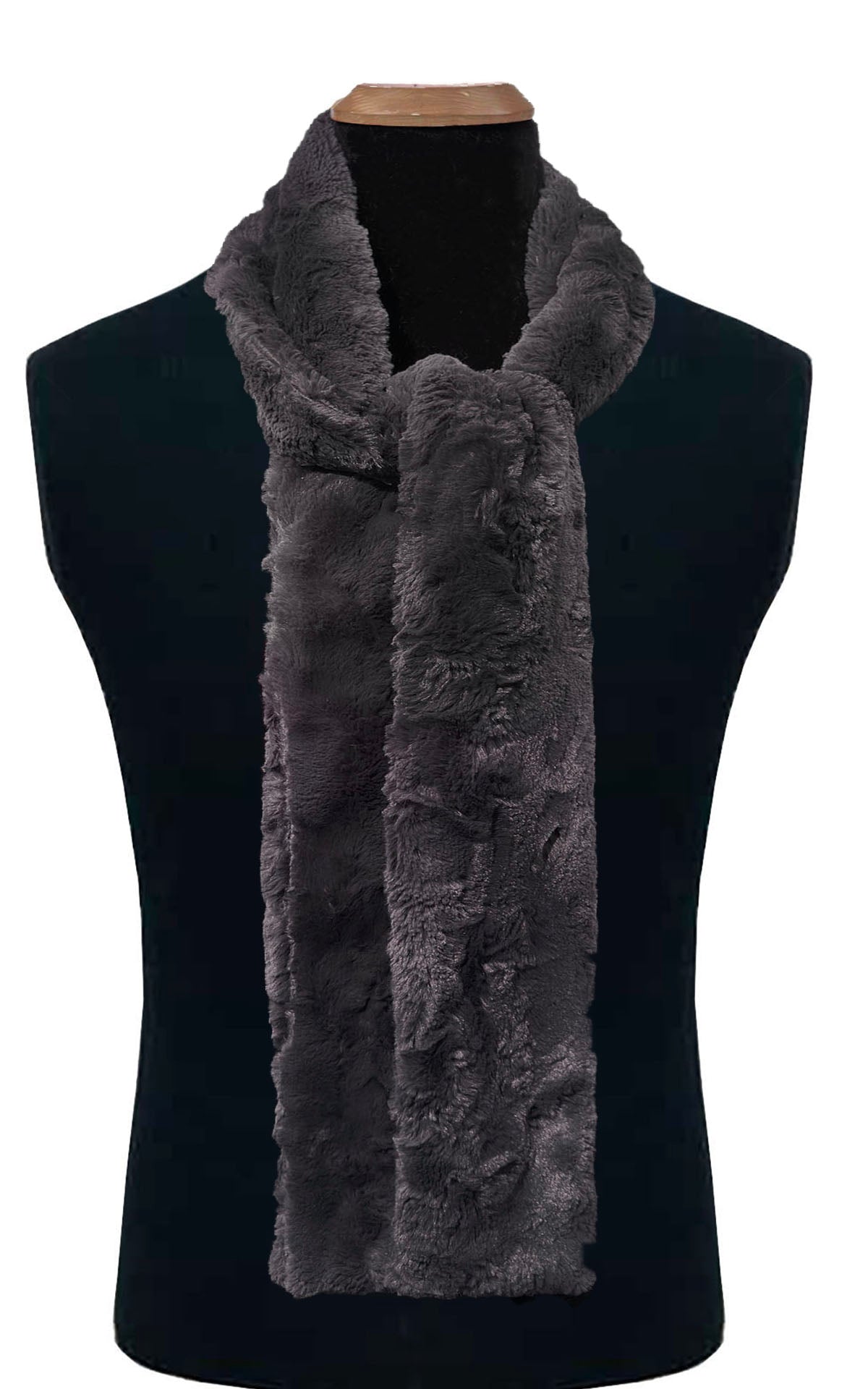 Men's Classic  Skinny Scarf in Cuddly Faux Fur in Smoky. Tied loosely around the  neckline  of the mannequin.  Handmade by Pandemonium Millinery. Seattle, WA, USA