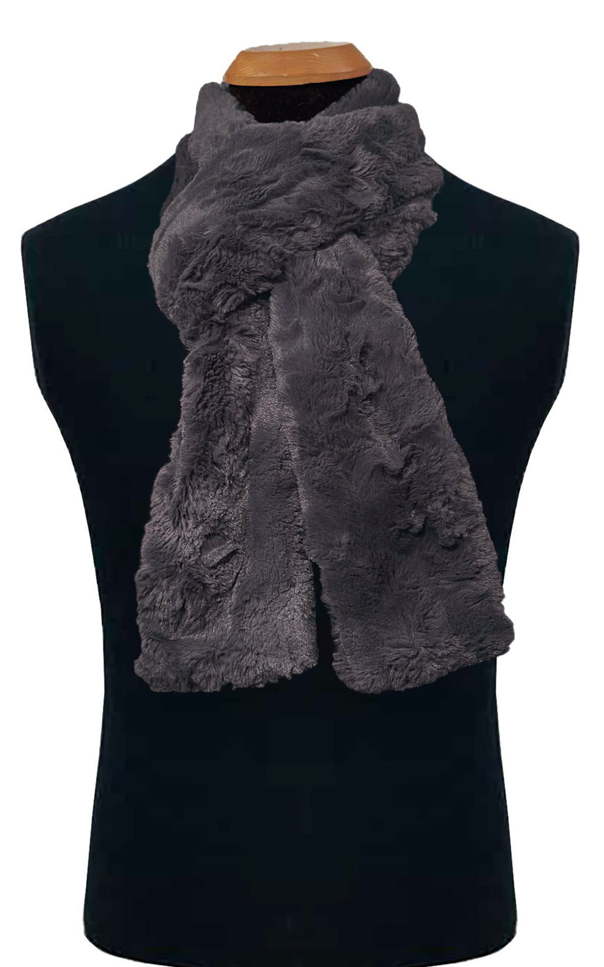 Skinny Scarf for Men in Cuddly Faux Fur in Smoky. Styled with scarf both tails pulled through a loop.   Handmade by Pandemonium Millinery. Seattle, WA, USA