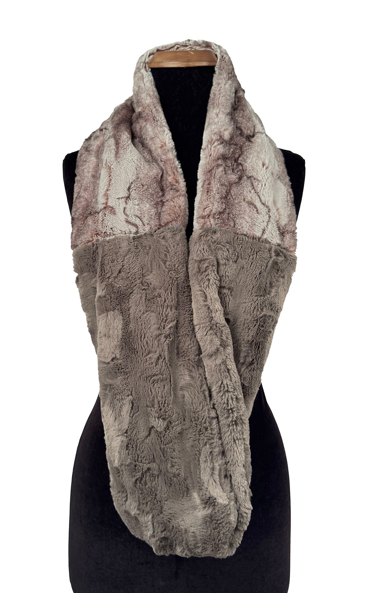 Infinity Scarf shown in Luxury Faux Fur in Rusty Rock Faux Fur with Cuddly Faux Fur in Taupey. Handsewn in Seattle WA by Pandemonium Seattle