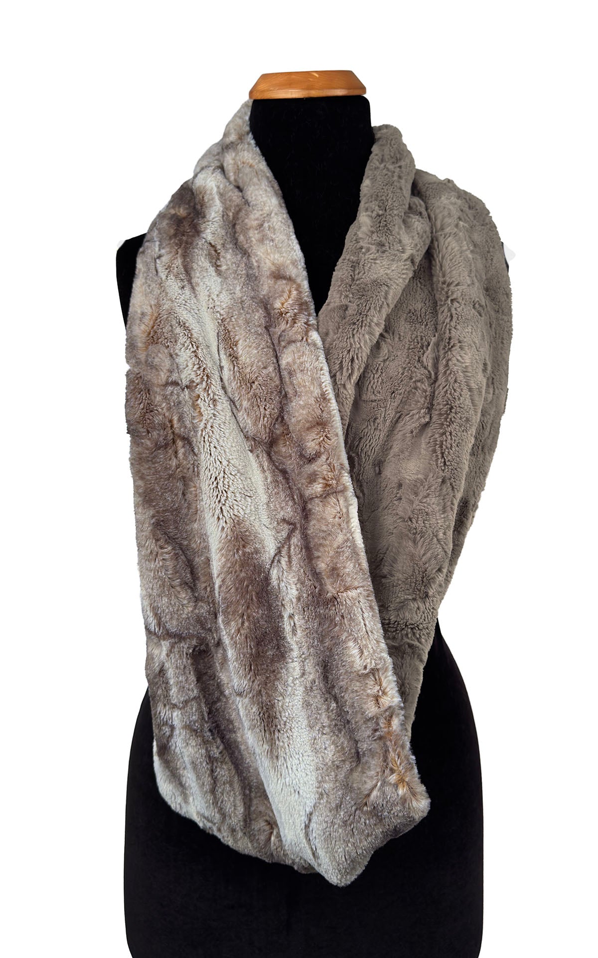 Infinity Scarf shown in Luxury Faux Fur in Rusty Rock Faux Fur with Cuddly Faux Fur in Taupey. Handsewn in Seattle WA by Pandemonium Seattle