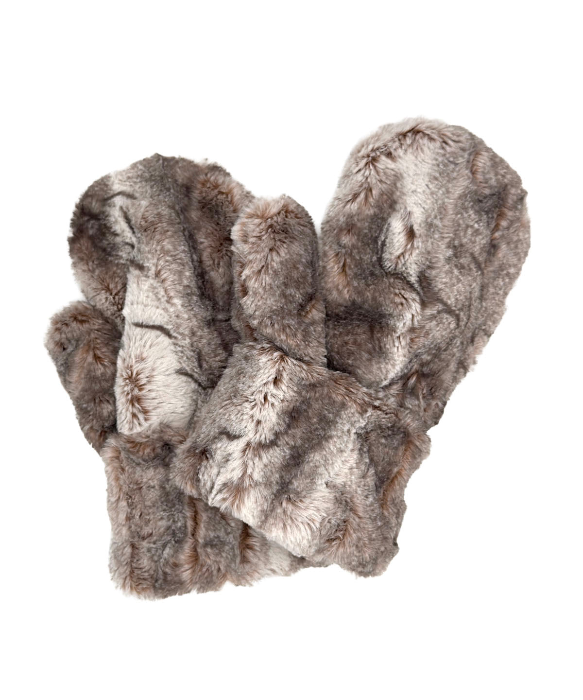 Mittens in Luxury Rusty Rock Faux Fur with Cuddly Taupey interior and Red Fox Faux Fur Cuffs. Made in Seattle, WA, USA by Pandemonium Seattle.