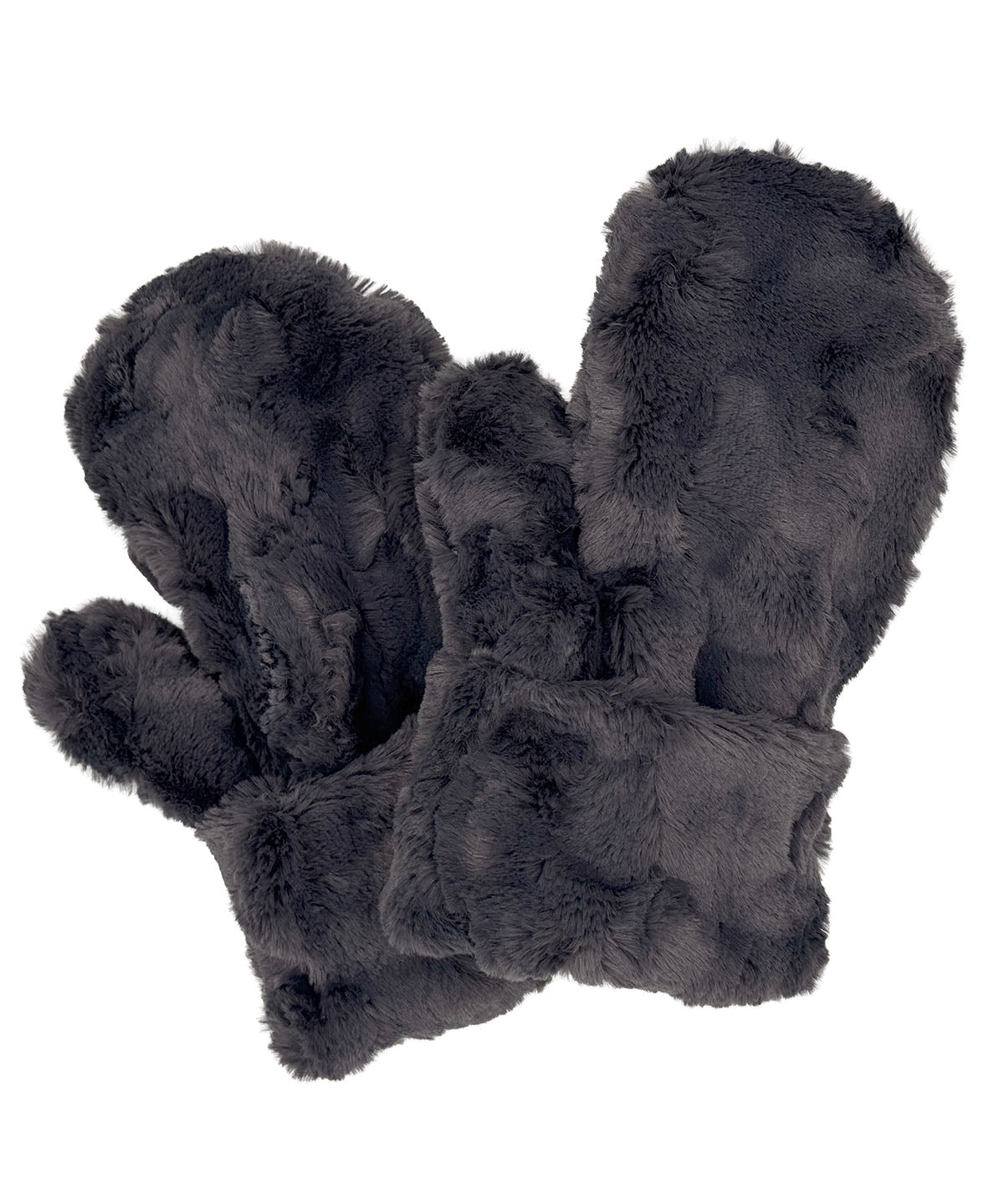 Mittens in Cuddly Smoky Faux Fur and lined in Cuddly Faux Fur. Made in Seattle, WA, USA by Pandemonium Seattle.