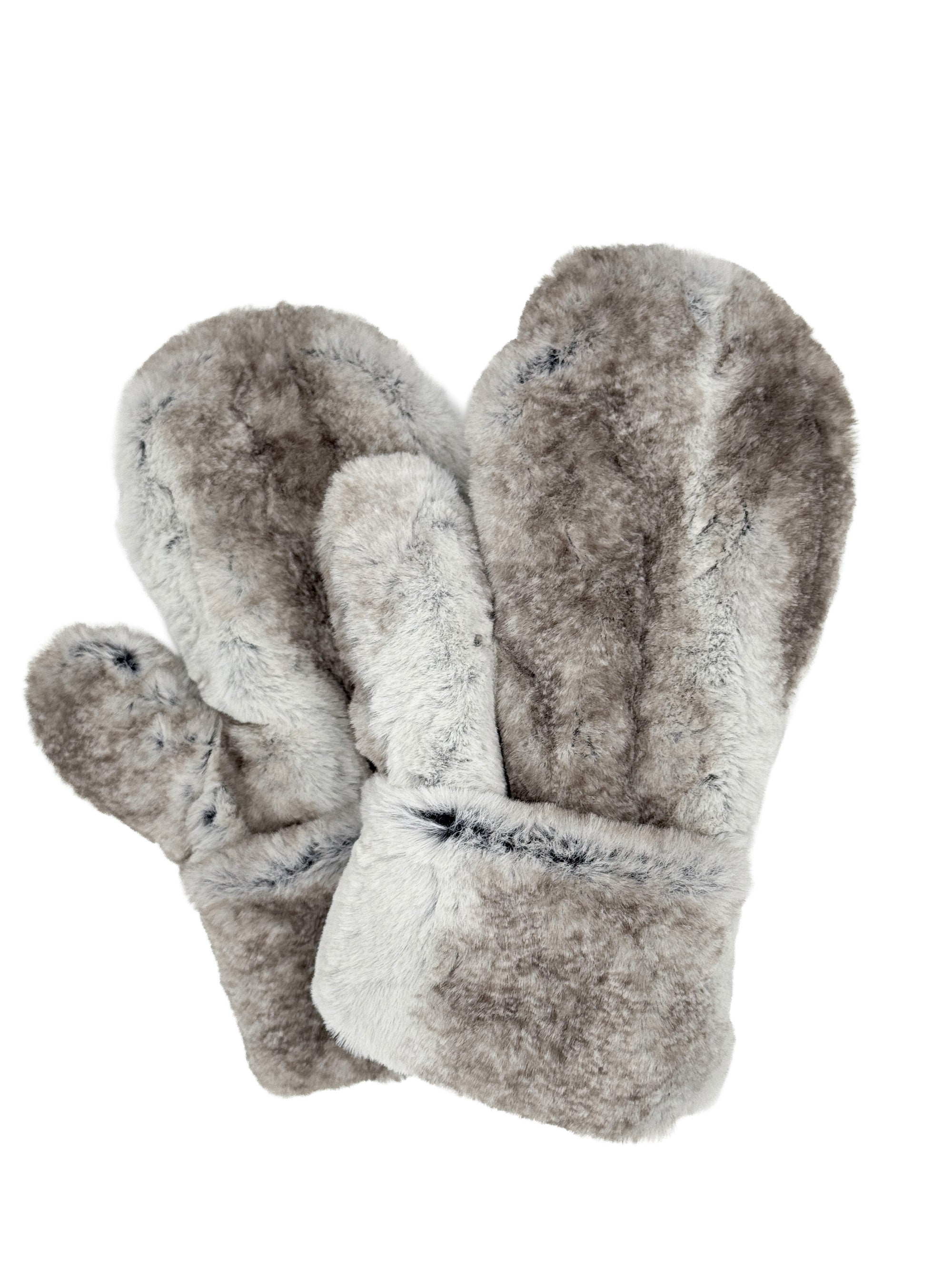 Mittens in Classic Luxury Driftwood Faux Fur lined with Cuddly Faux Fur. Made in Seattle, WA, USA by Pandemonium Seattle.