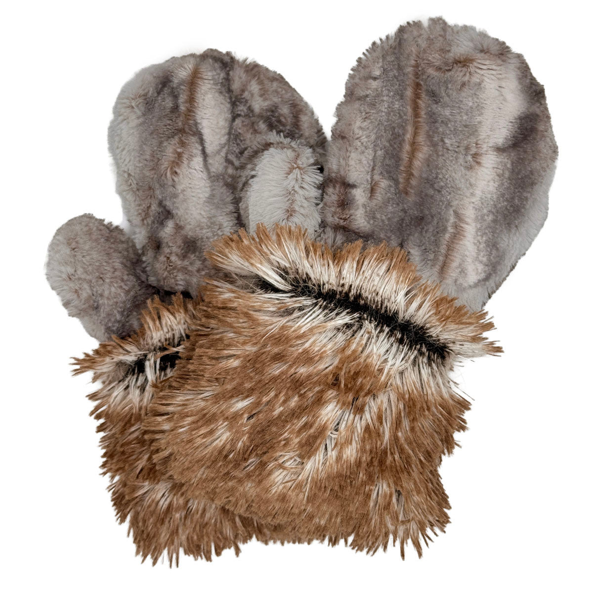 Mittens in Luxury Rusty Rock Faux Fur with Cuddly Taupey interior and Red Fox Faux Fur Cuffs. Made in Seattle, WA, USA by Pandemonium Seattle.