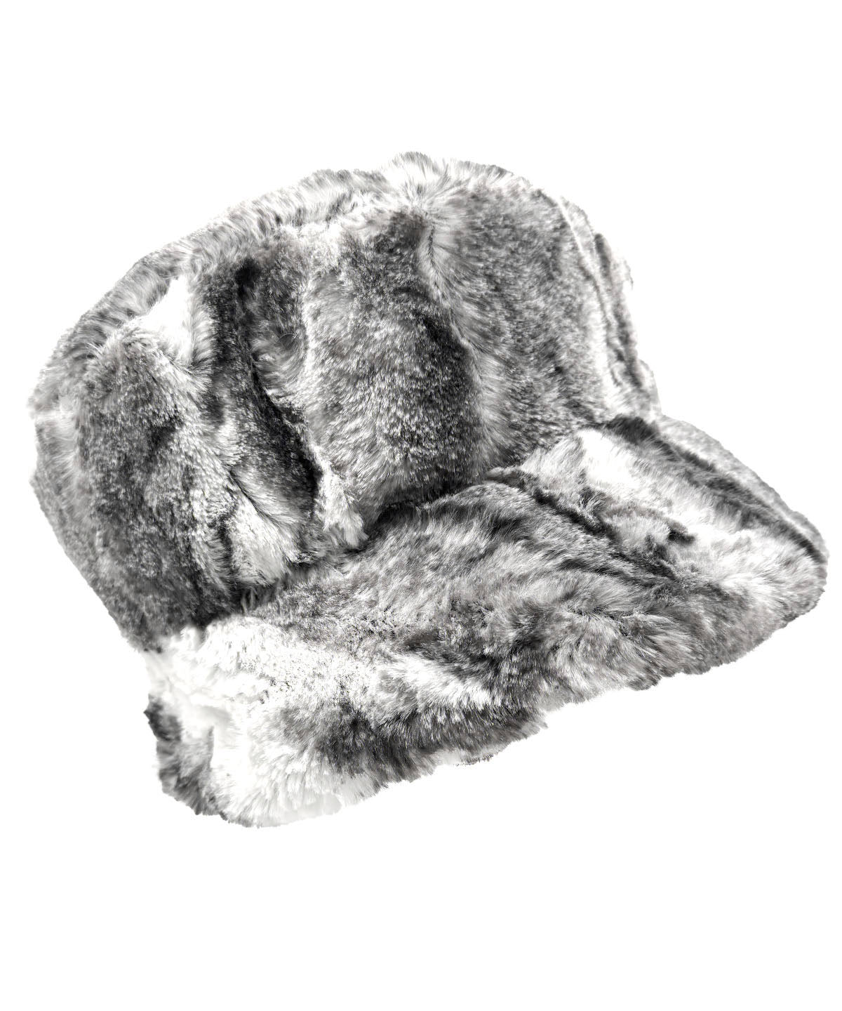 Molly Bucket Hat in Luxury Smoke Show Faux Fur, shown with the brim down. Made in Seattle, WA, USA by Pandemonium Seattle.