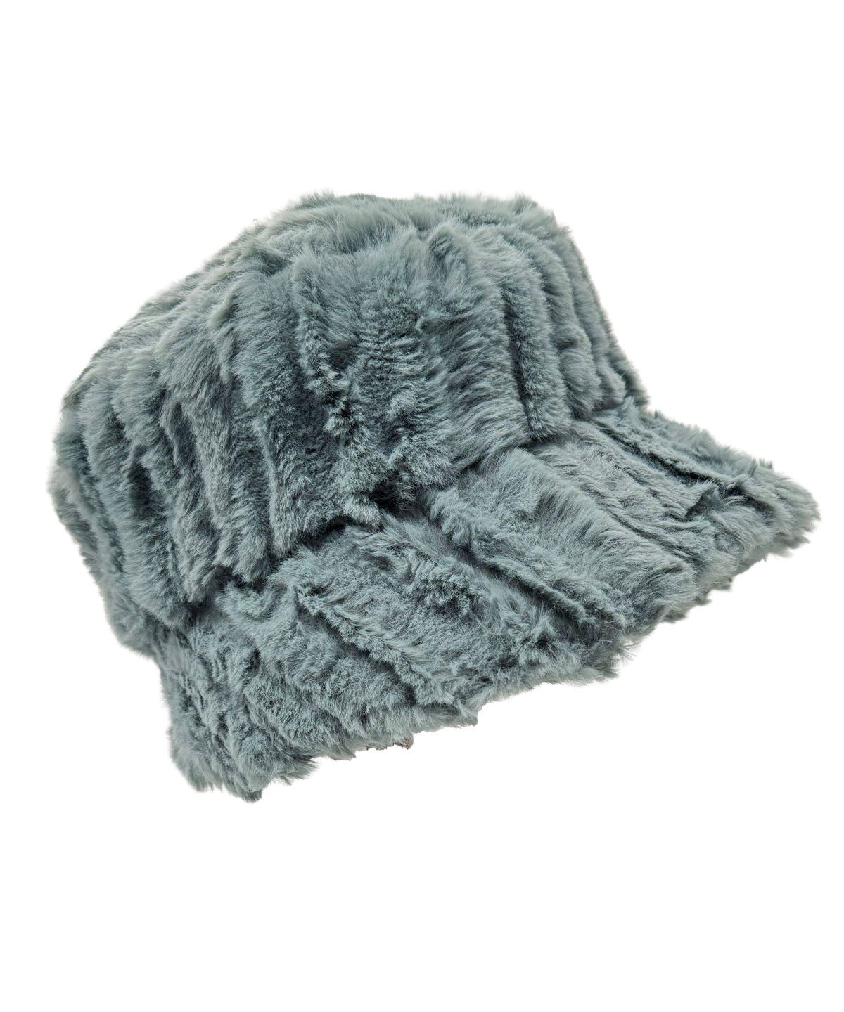 Sideview of Molly Bucket Style Hat | Cirrus Faux Fur Blue Mist | Brim Shown Flipped up on down | Handmade in Seattle WA USA | By Pandemonium Seattle