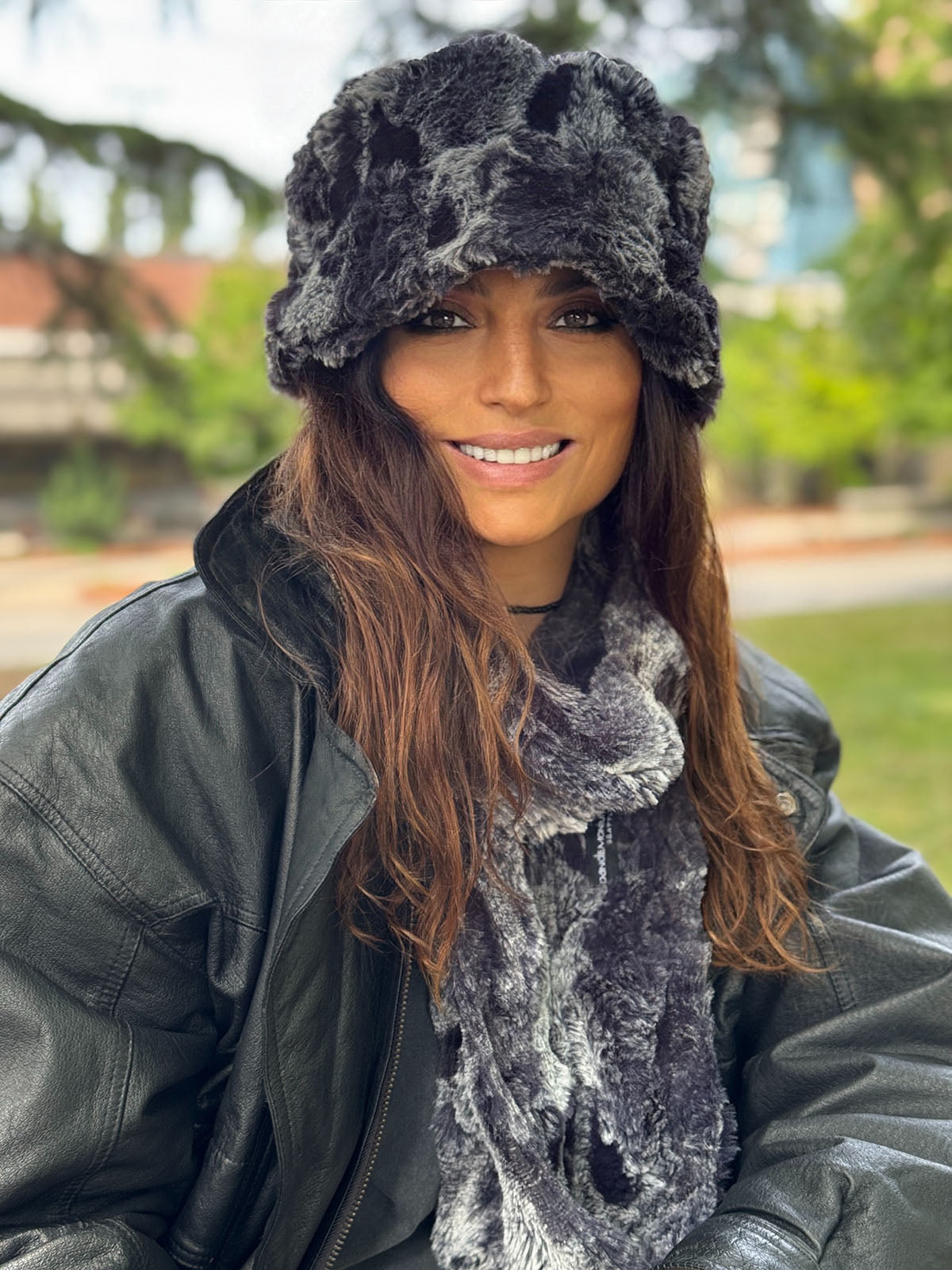 Woman wearing an Infinity Scarf in Cloudwalk in Shadow and a Molly Bucket Hat in Cloudwalk in Shadow. Hand sewn in Seattle, Washington by Pandemonium Seattle.
