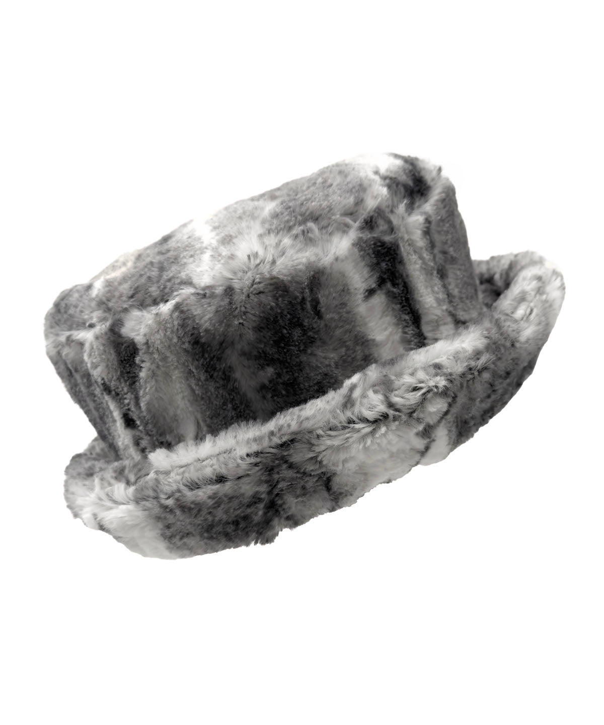 Molly Bucket Hat in Luxury Smoke Show Faux Fur, shown with the brim turned up. Made in Seattle, WA, USA by Pandemonium Seattle.