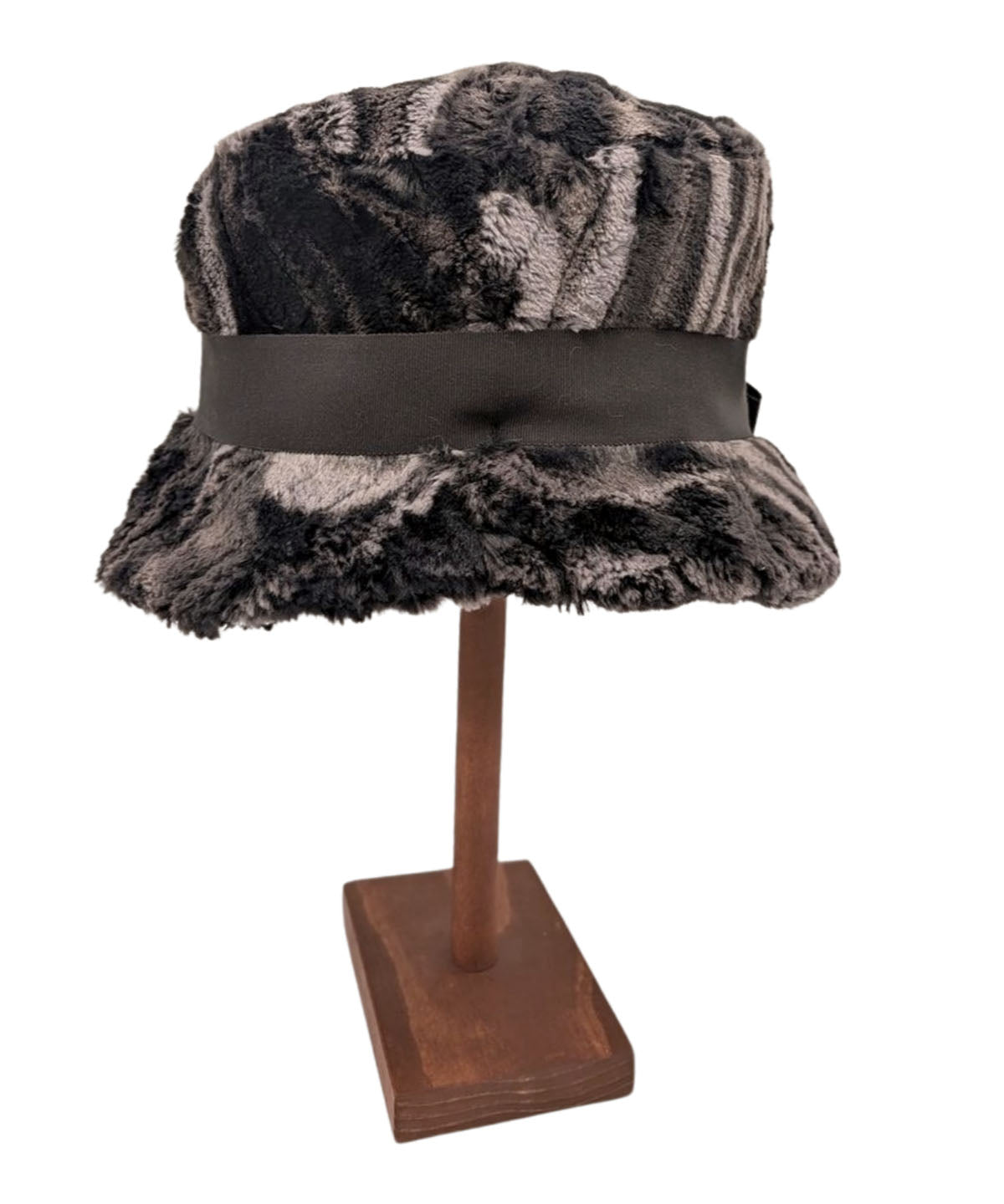 Molly Bucket Hat Back side View | Marble Black Dune Faux Fur with Black Grosgrain Band | Handmade by Pandemonium | Seattle WA USA