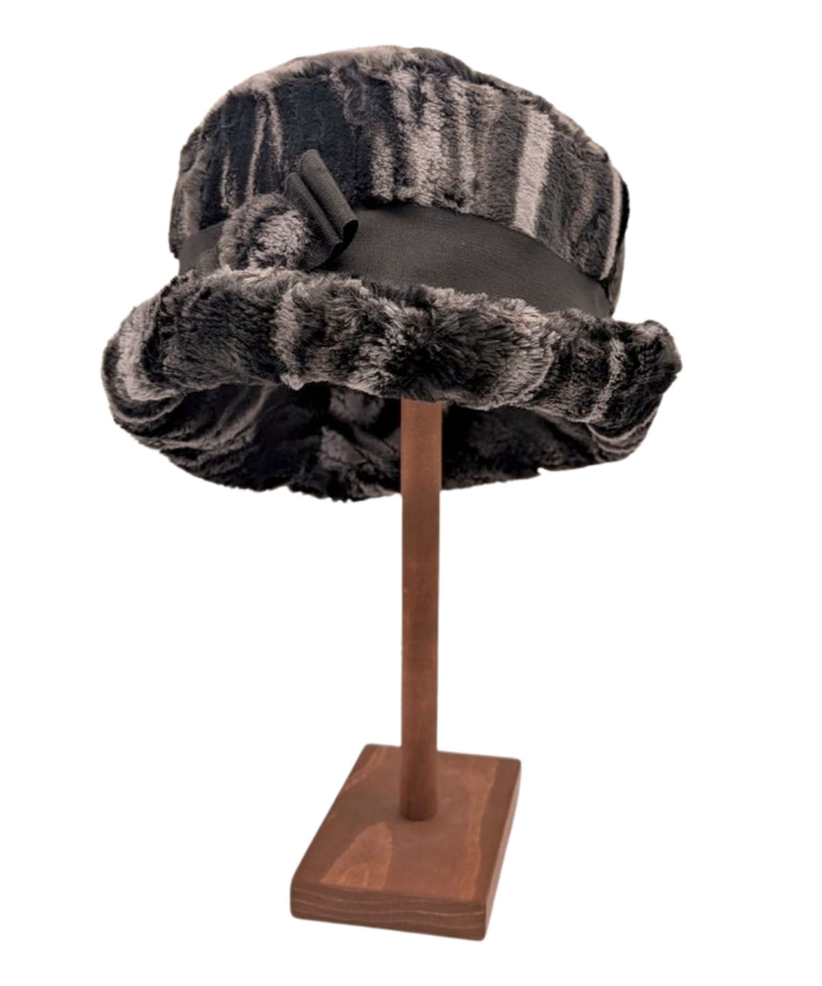 Molly Bucket Hat | Marble Black Dune Faux Fur |  Black Grosgrain Band with Matching  Faux Fur Button |  Brim Shown Up | Handmade by Pandemonium | Seattle WA USA