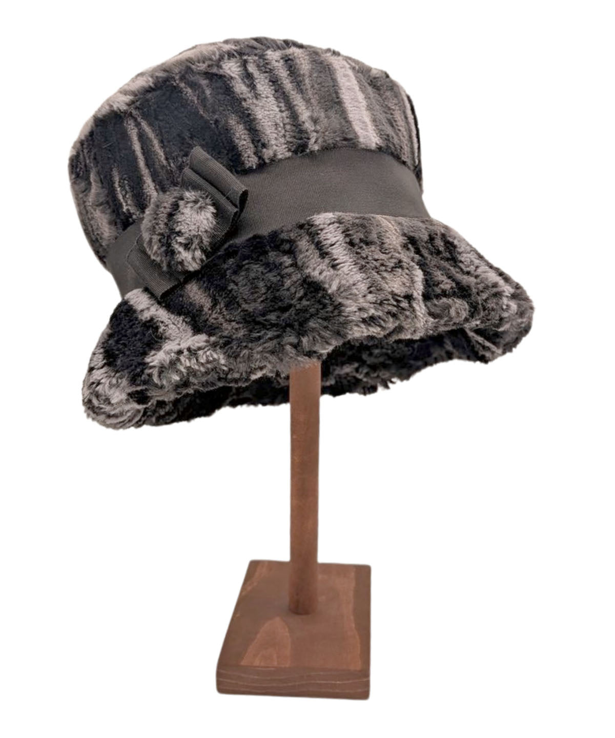 Molly Bucket Hat with Brim Down| Marble Black Dune Faux Fur |  Black Grosgrain Band with Matching  Faux Fur Button | Handmade by Pandemonium | Seattle WA USA