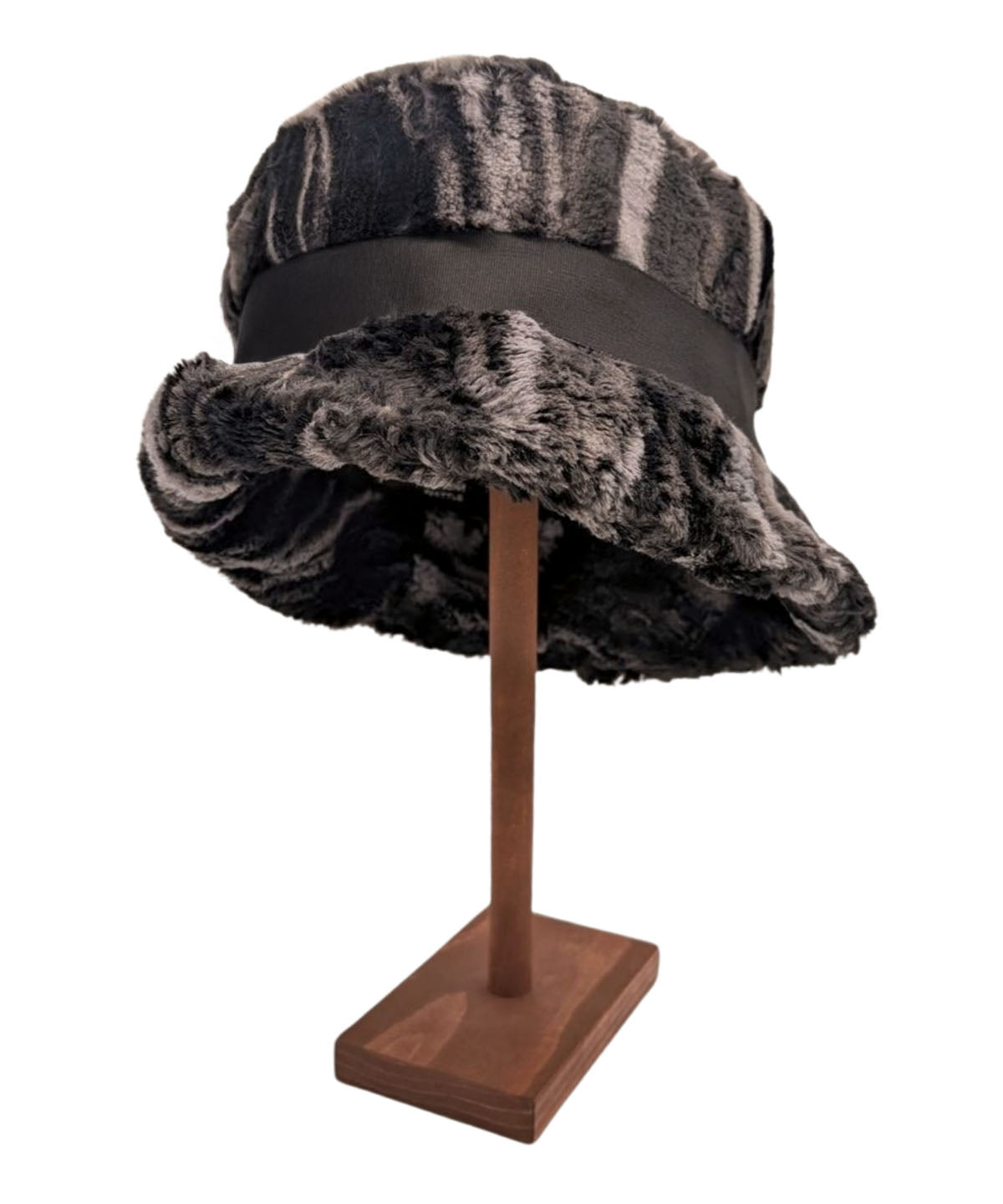 Molly Bucket Hat  | Marble Black Dune Faux Fur with Black Grosgrain Band | Shown with leftside of Brim Turned Up | Handmade by Pandemonium | Seattle WA USA