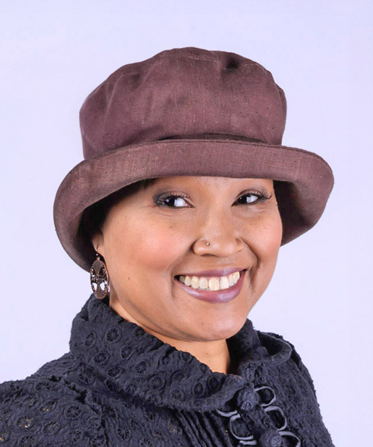 Woman wearing Molly Bucket Style Hat in Chocolate Linen | Handmade By Pandemonium Millinery in Seattle WA