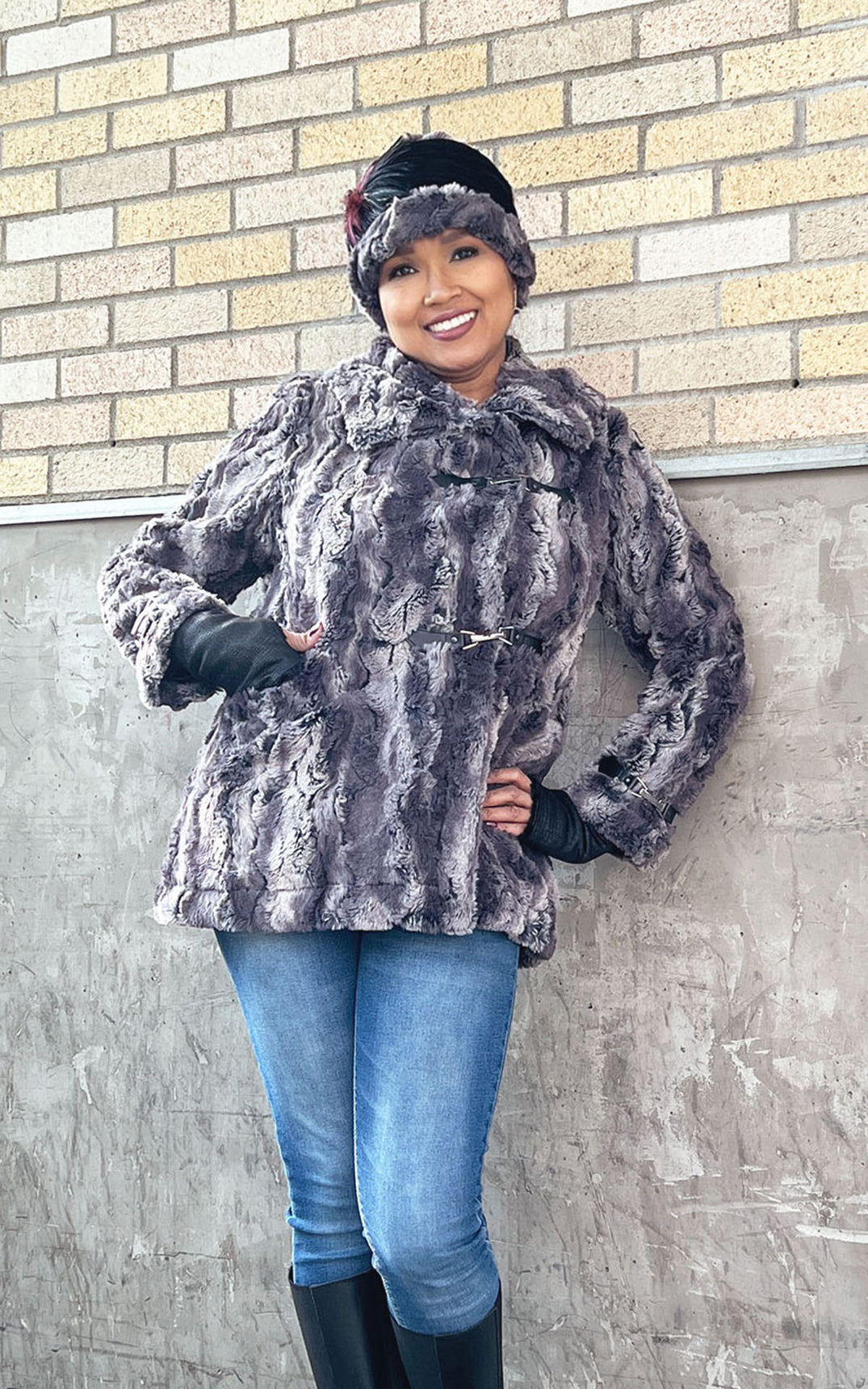 Model wearing a Dietrich Coat in Muddy Waters. Handmade in America by Pandemonium Seattle.