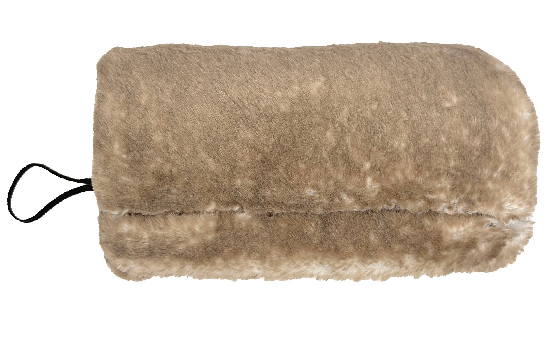 Hand Muff with zipper pocket and wrist loop, in Coastal Plush Olympic Fog Faux Fur with Cuddly Smoky Faux Fur inside. Made in Seattle, WA, USA by Pandemonium Seattle.